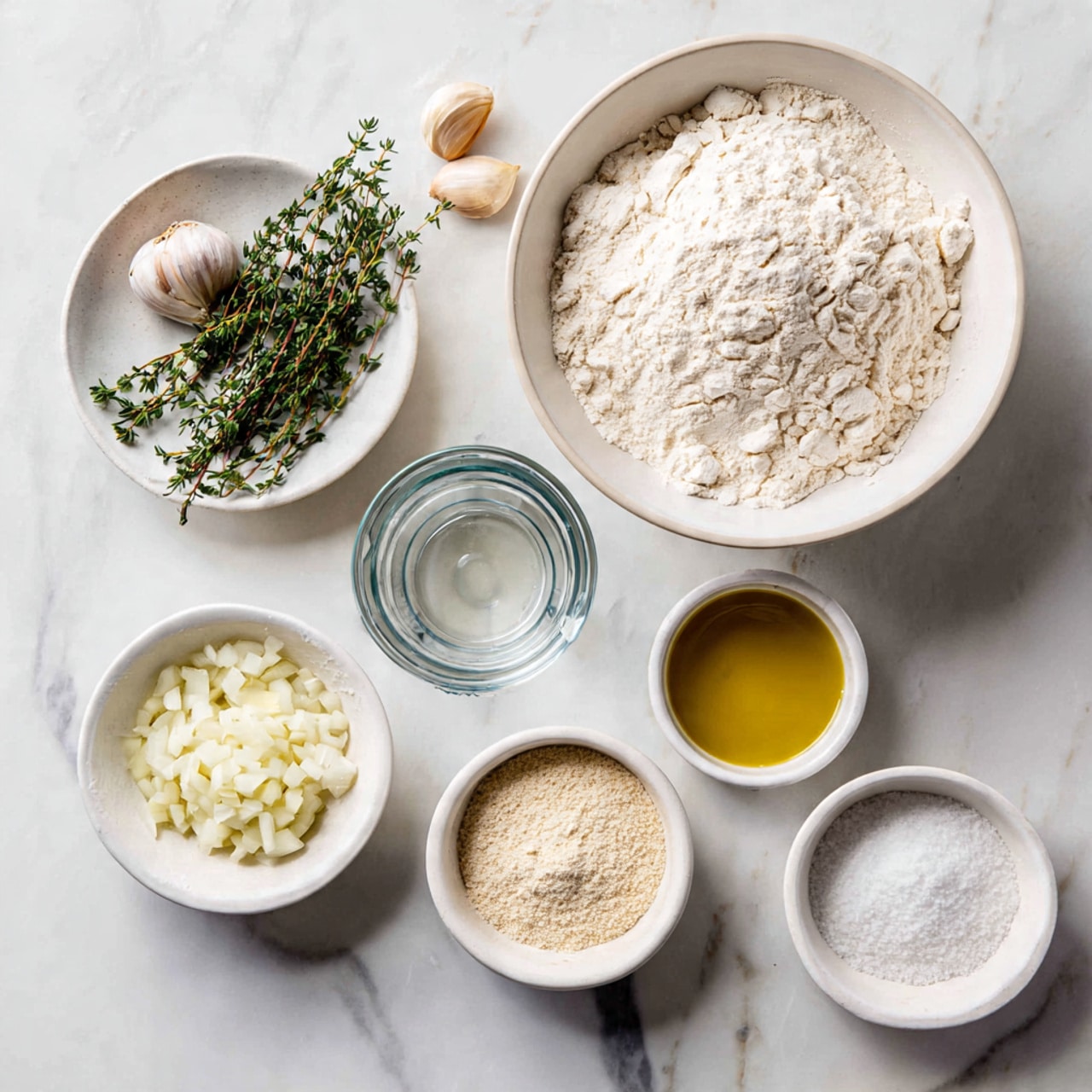 The image shows six bowls and a glass measuring cup arranged on a white marbled surface. In the center is a large white bowl filled with white flour, with a slightly uneven surface. Above it is a small white bowl holding fresh green thyme sprigs and several whole garlic cloves. To the right of the thyme bowl is a small white bowl with golden-yellow olive oil. Below the olive oil is a clear glass measuring cup filled with water. Below the flour bowl is a white bowl with small, chopped white onions. To the left of the onions is a small white bowl filled with off-white yeast granules, and to the right of the onions is a small white bowl with white sugar granules. Each ingredient is labeled in large black text. Photo taken with an iphone --ar 4:5 --v 7