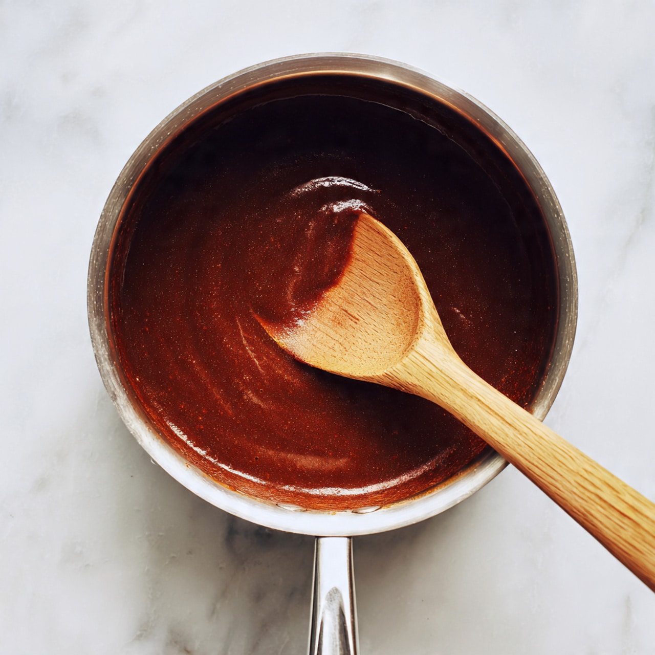 A top view of a silver pot filled with smooth, dark reddish-brown sauce, slightly thick in texture. A wooden spoon with a light brown color is placed inside the pot, with the spoon's head dipping into the sauce, creating a subtle swirl. The pot is set on a white marbled surface, clean and simple. photo taken with an iphone --ar 4:5 --v 7