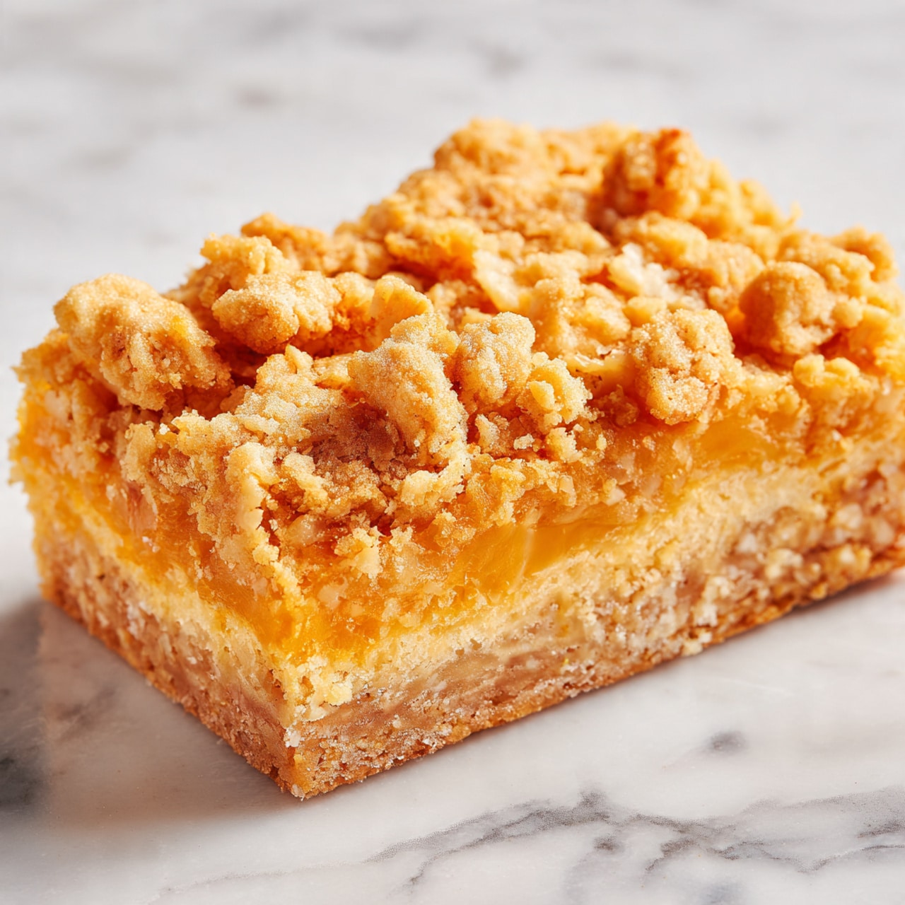 The image shows a close-up of a single rectangular bar with three visible layers. The bottom layer is a dense, crumbly crust with a light golden-brown color and a rough texture. The middle layer is a smooth, bright orange filling that looks soft and slightly translucent. The top layer consists of large, uneven crumb clusters that are golden with hints of light brown, giving a textured and crunchy appearance. The bar sits on a white marbled surface. photo taken with an iphone --ar 4:5 --v 7