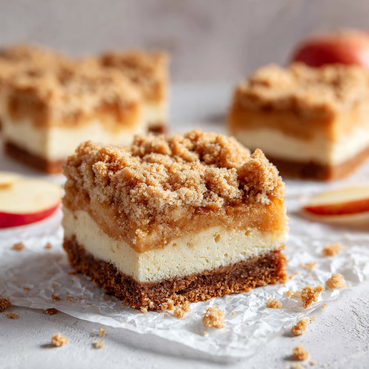A square piece of crumb cake with three visible layers sits on crumpled white parchment paper over a white marbled surface. The bottom layer is a firm, brown crust, the middle layer is light beige and soft, showing a creamy filling, and the top layer is a thick crumb topping in a tan, crumbly texture. Crumbs are scattered around the piece, and in the background, there are more cut pieces of crumb cake slightly out of focus and a small red apple slice near the front. The overall color tones are warm with soft natural lighting. Photo taken with an iphone --ar 4:5 --v 7