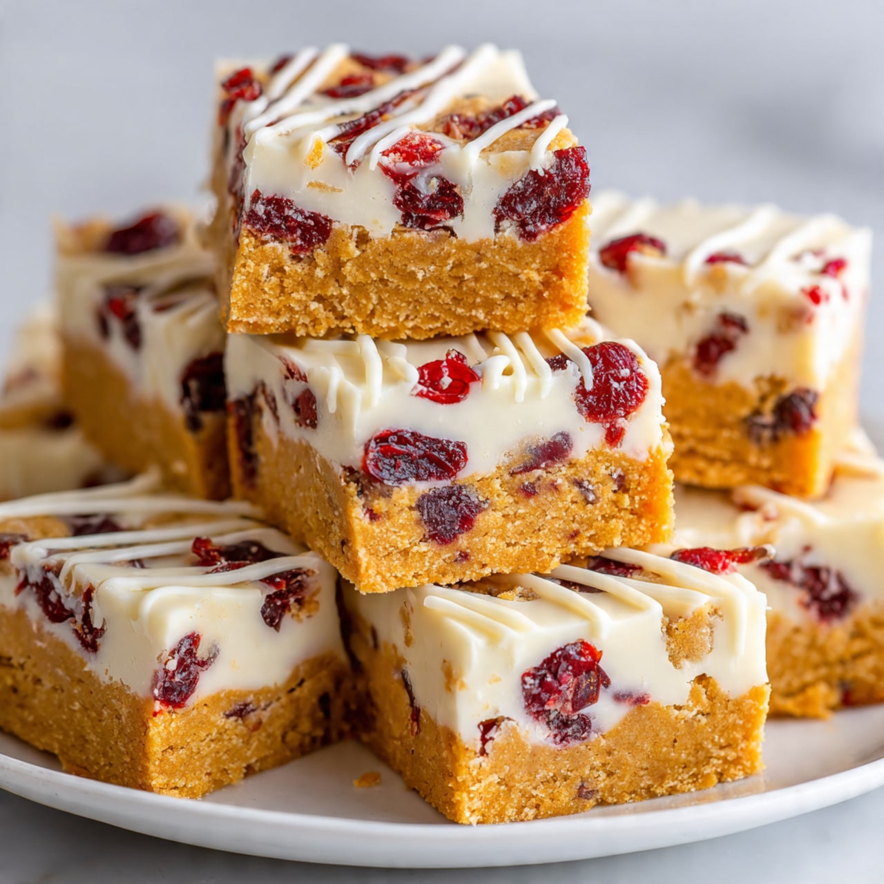 The image shows seven triangular dessert bars arranged on a white rectangular plate placed on a white marbled surface. Each bar has two visible layers: a light golden-brown base that looks soft and crumbly, and a thick top layer of creamy white frosting with a smooth and slightly glossy texture. The frosting is decorated with scattered pieces of red dried cranberries and drizzled with more white icing in a random, thin, flowing pattern across the surface of each bar. The bars look fresh and slightly spaced apart on the plate. A red and white checkered cloth is visible on the left side of the image. photo taken with an iphone --ar 4:5 --v 7