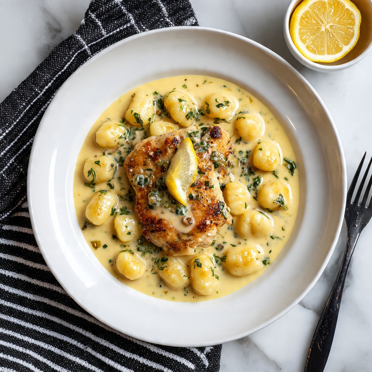 A white plate holds a serving of small, soft gnocchi coated in a creamy light yellow sauce with visible herbs, arranged in a loose pile. On top of the gnocchi sits a piece of golden-brown, slightly seared chicken covered with the same sauce and sprinkled with small green herb pieces. A thin lemon slice rests on the chicken's upper right side. To the right of the plate, a dark fork lies flat, and a small white bowl with lemon wedges is partially visible in the top right corner. The scene is set on a white marbled surface with a black-and-white striped cloth partially visible at the bottom right. Photo taken with an iphone --ar 4:5 --v 7