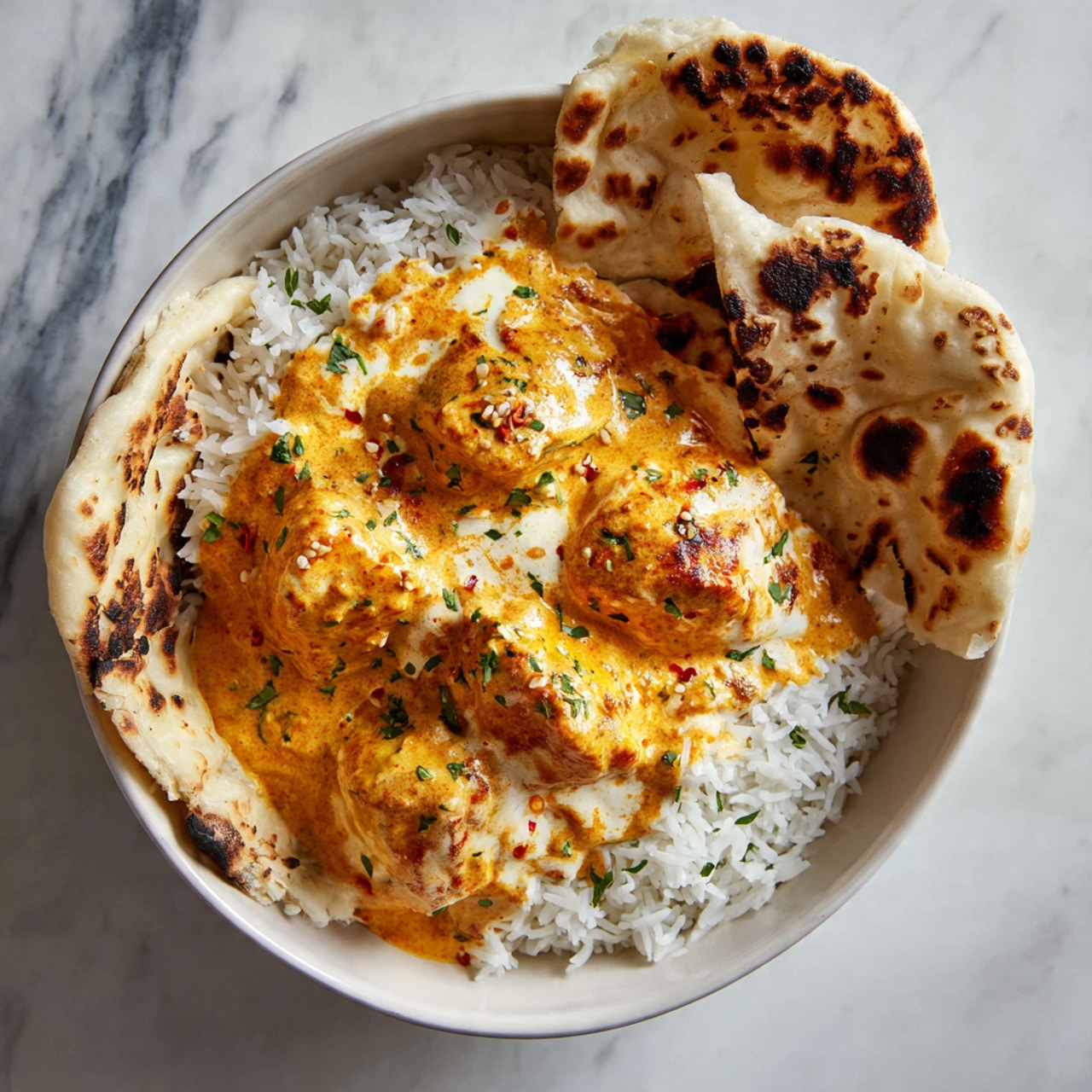 A shiny silver pan holds thick, bright orange sauce with small soft chunks inside. The sauce looks smooth and creamy, covered lightly with small green herb bits scattered on top. A black spatula rests in the pan, partially dipped in the sauce and leaning on the pan’s edge. The pan sits on a white cloth with fringed edges, all placed on a white marbled surface. Nearby, there is a black bowl filled with white rice and part of a white tortilla with some char marks on the edge. photo taken with an iphone --ar 4:5 --v 7