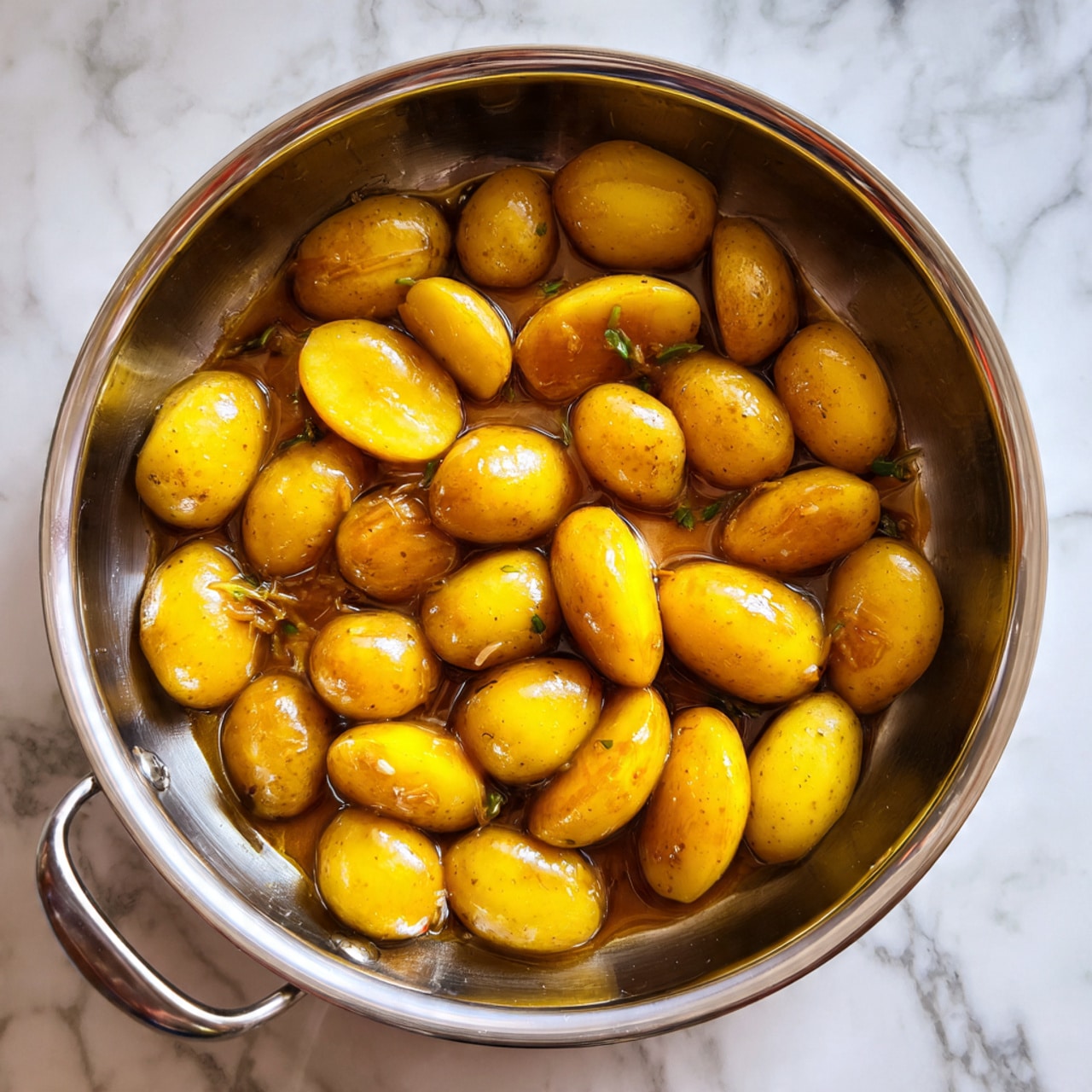 A silver pan filled with golden-yellow potato pieces cooked in a shiny brown sauce, each potato piece showing a soft texture with light browning on some edges, the sauce slightly pooling at the bottom of the pan. The background is a white marbled surface. Photo taken with an iphone --ar 4:5 --v 7