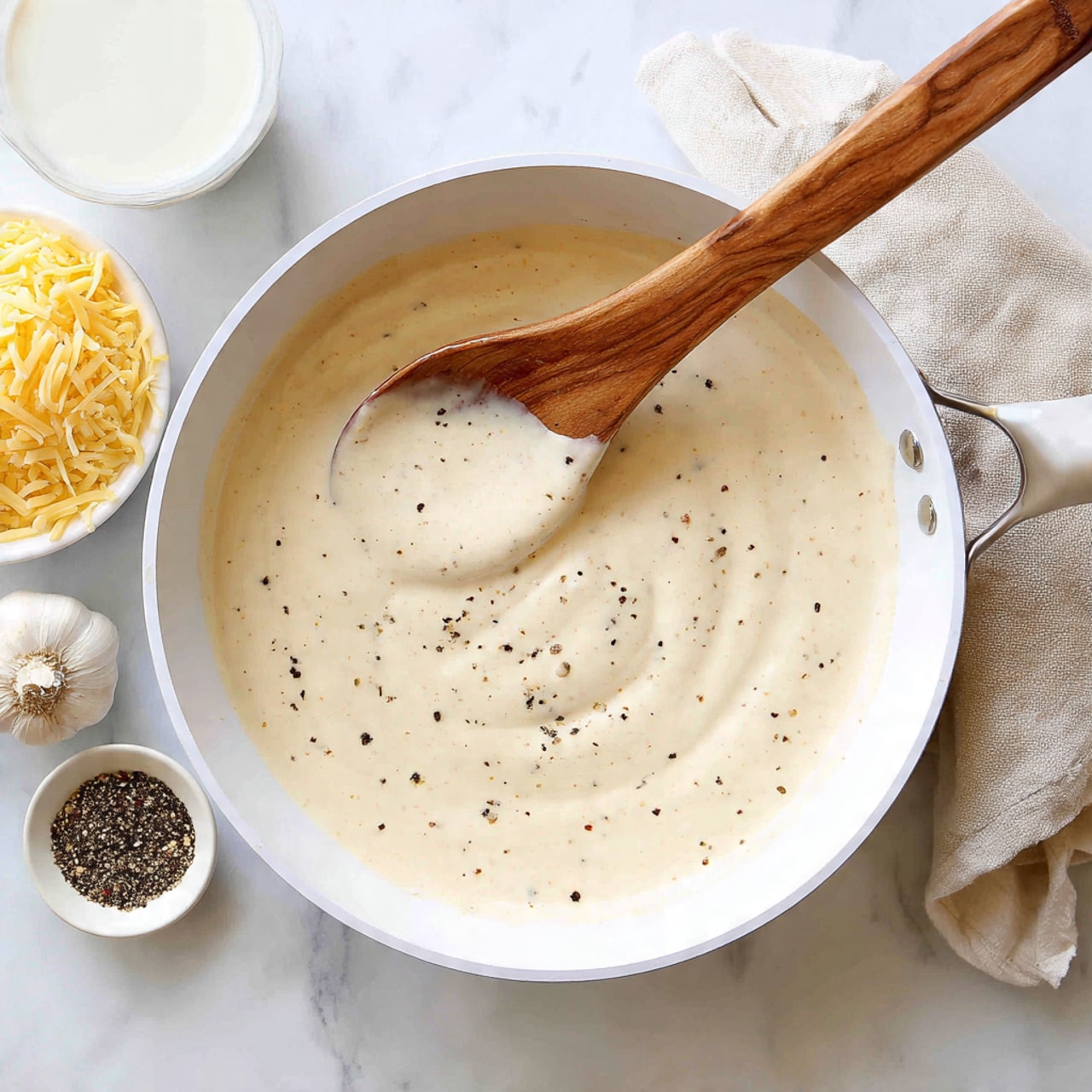A white pan filled with smooth, creamy light beige sauce with tiny black pepper specks swirled evenly on the surface. A wooden spoon with a curved head rests inside the pan, slightly dipped into the sauce, showing soft movement. Around the pan, there is a small white bowl of shredded pale yellow cheese on the bottom left, a small white bowl with black pepper on the upper right, a whole garlic clove above the pepper, and a beige cloth napkin with a white bowl of milk on the top left. All items rest on a white marbled surface. photo taken with an iphone --ar 4:5 --v 7