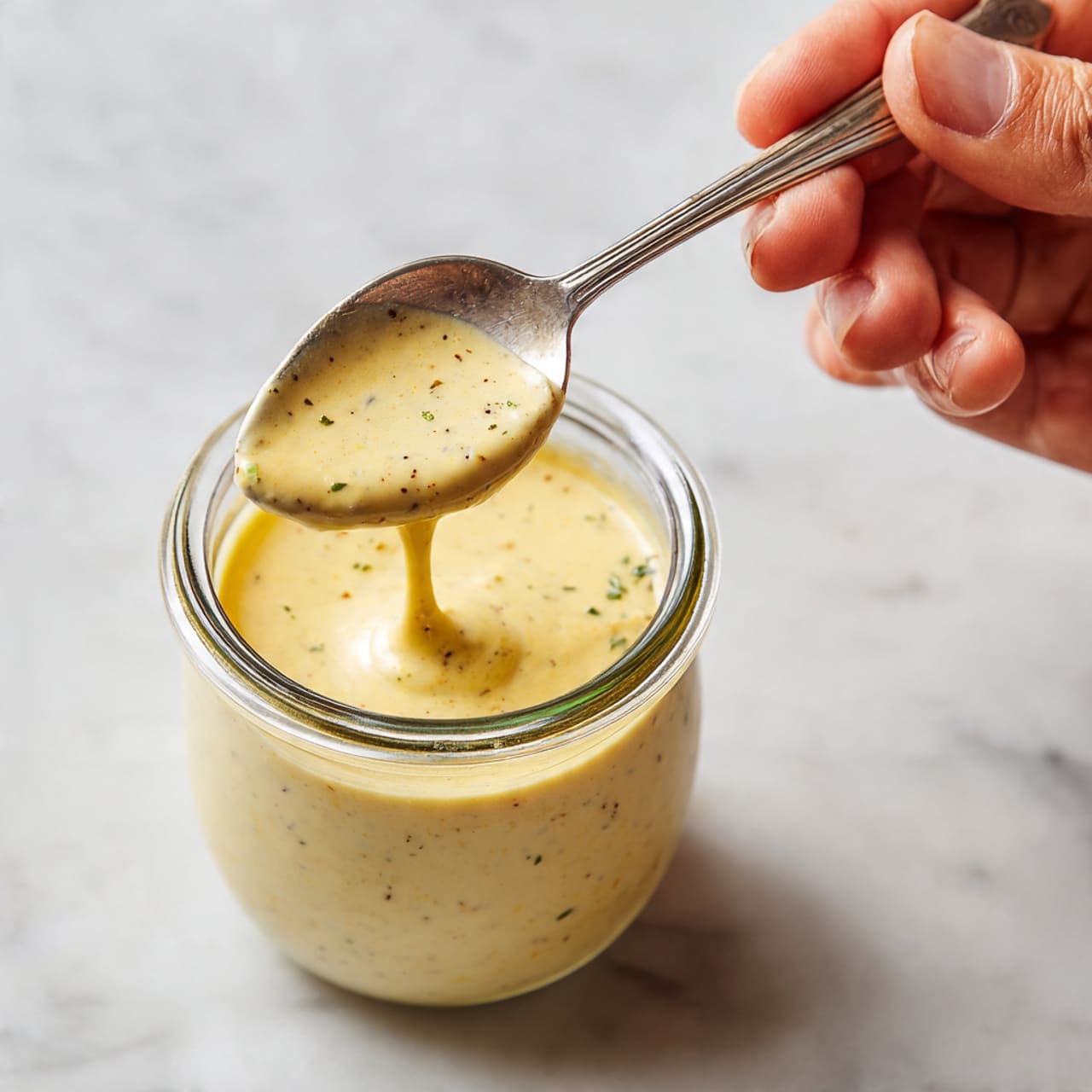 A small clear glass jar filled with smooth, creamy light yellow sauce with tiny black specks inside, with a silver spoon holding some sauce above the jar's open top. The jar is placed on a white marbled surface, and a woman's hand holding the spoon is partly visible on the right side. The sauce has a thick, slightly silky texture that coats the spoon well. Photo taken with an iphone --ar 4:5 --v 7