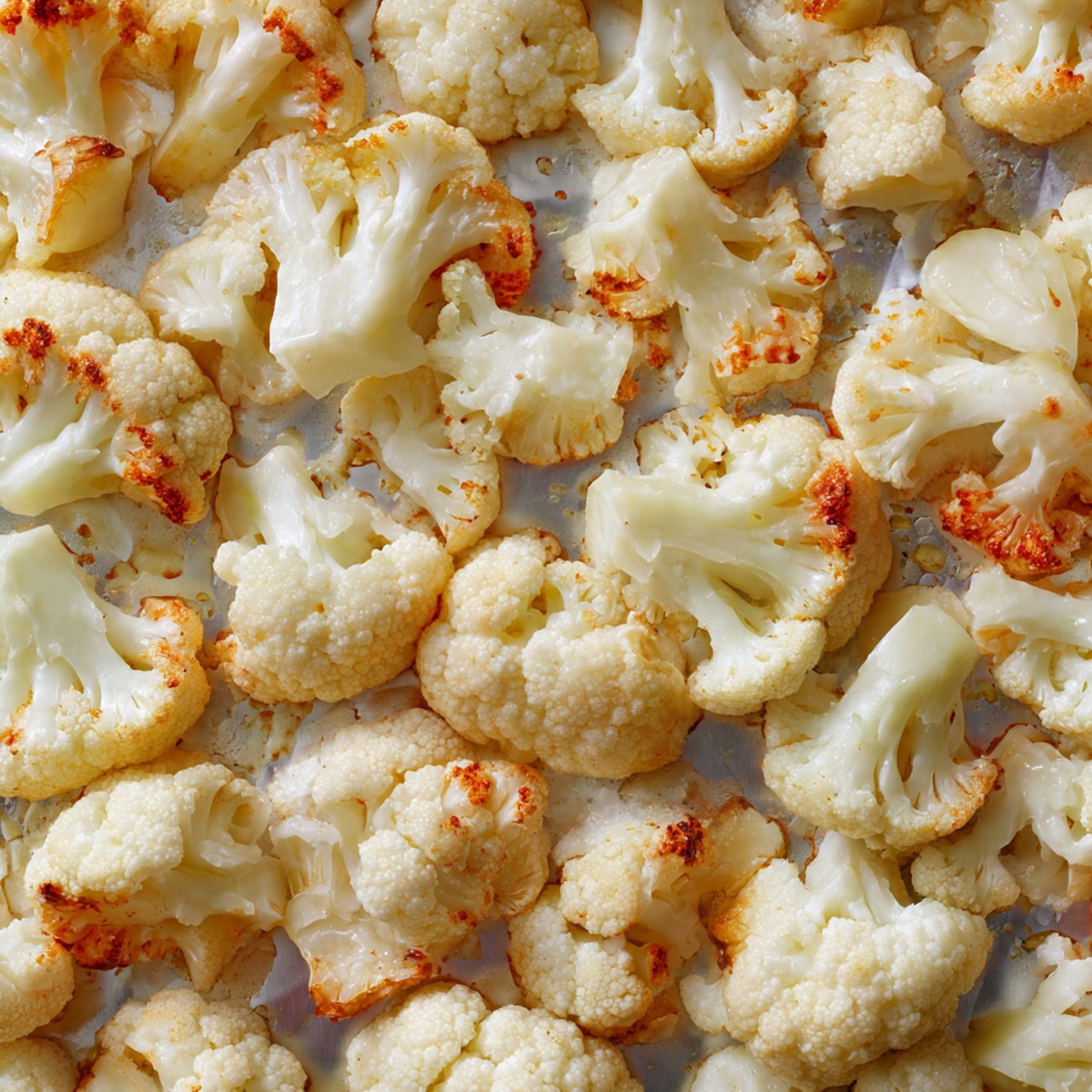 The image shows many small cauliflower pieces spread out in a single layer on a baking pan lined with foil. The cauliflower pieces are off-white with some golden-brown spots, showing light roasting. The texture of the cauliflower looks soft with slightly crisp edges. The foil underneath is shiny silver with some food residues. The background surface has a white marbled texture. photo taken with an iphone --ar 4:5 --v 7