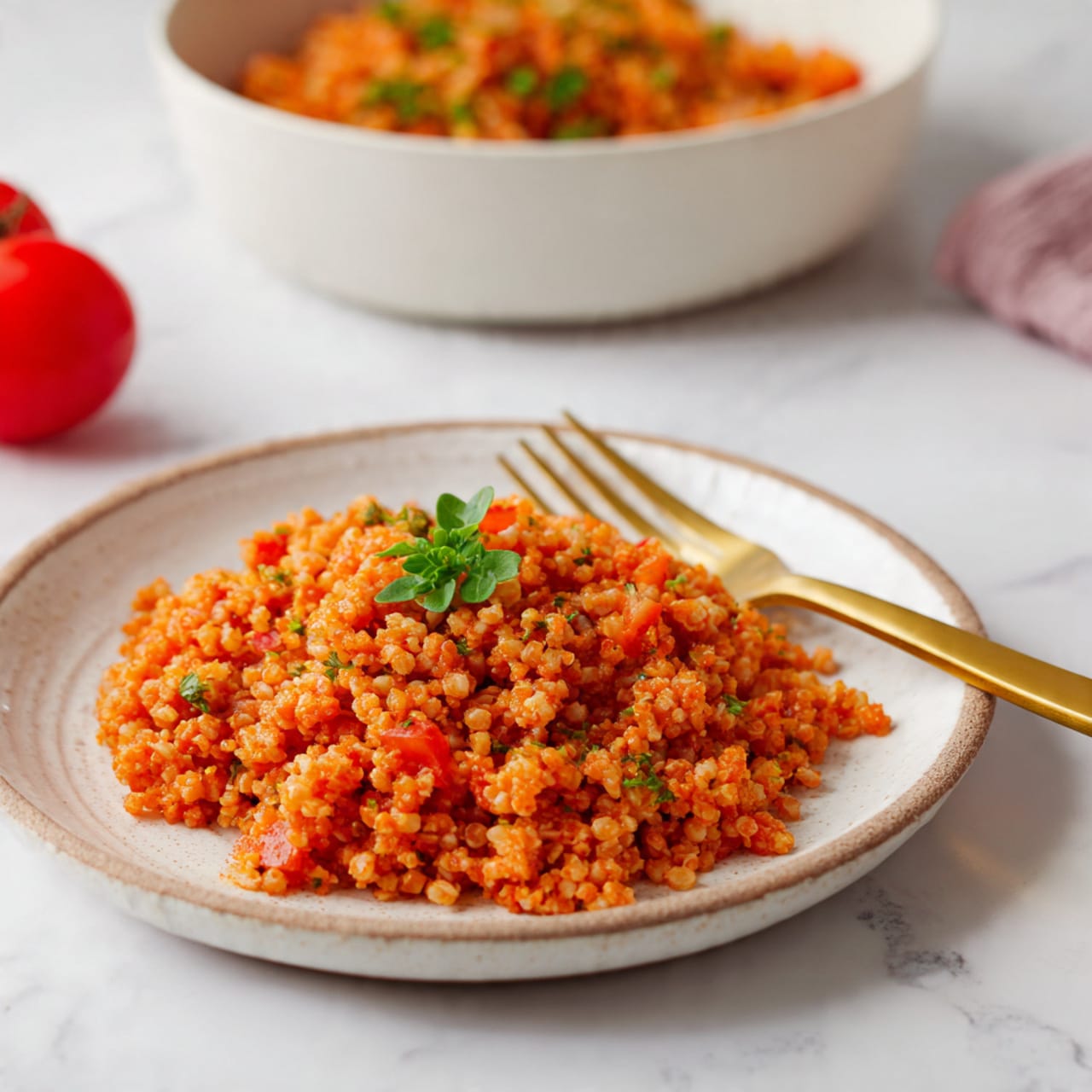 On a white plate, there is a single thick layer of orange-red bulgur pilaf mixed with small pieces of green peppers and onions, giving it a textured, slightly chunky look. The pilaf is topped with scattered bright green fresh parsley leaves, adding a fresh contrast of color. In the background, two whole, smooth red tomatoes and a few sprigs of fresh green herbs rest on a white marbled surface. Another white plate showing more pilaf with parsley is slightly visible in the top right corner. Photo taken with an iphone --ar 4:5 --v 7