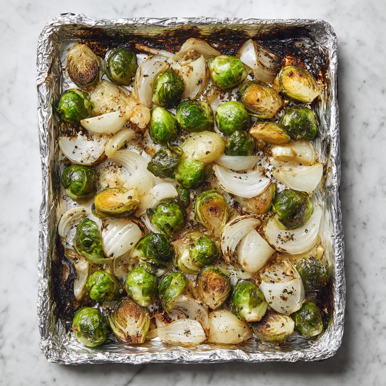 A sheet of crinkled silver foil lies flat on a white marbled surface, holding a mix of roasted vegetables. The main layer is made up of vibrant green Brussels sprouts, halved to show their leafy texture and light toasted edges in tan and brown. Beneath and mixed among them are thick slices of translucent white onions with some light golden and charred spots. The vegetables are scattered unevenly, giving a rustic and well-roasted look. The foil itself has a few dark brown burnt spots and wrinkles around the edges. Photo taken with an iphone --ar 4:5 --v 7