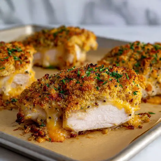 The image shows three pieces of baked chicken on a baking tray with parchment paper. Each piece has three layers: the bottom layer is the juicy white chicken, the middle layer is melted light yellow cheese, and the top layer is a thick, crispy, golden brown crumb topping with green herbs mixed in. The crumb topping looks crunchy with some darker toasted spots, and there are small black pepper specks on the chicken. Some melted cheese and browned crumbs are around the base of the chicken pieces on the parchment paper. The background has a soft focus with a white marbled texture visible. Photo taken with an iphone --ar 4:5 --v 7