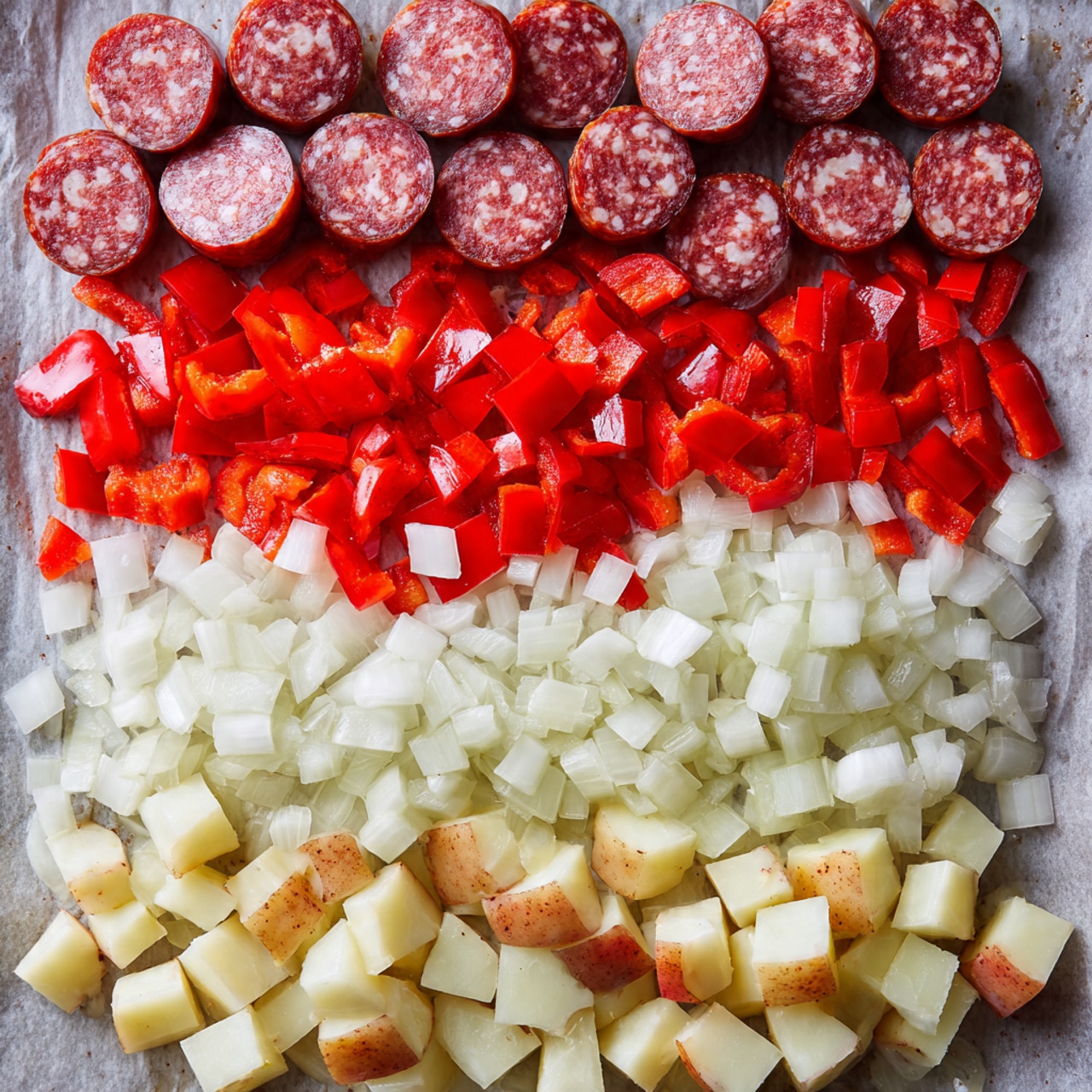 The image shows four layers of chopped ingredients neatly arranged on parchment paper over a baking tray. The top layer consists of round slices of sausage with a red and white marbled texture, followed by a layer of bright red diced bell peppers. Below that is a layer of chopped white onions with a translucent texture, and at the bottom, there is a layer of cubed potatoes with light brown skin still on some pieces. The colors move from deep red at the top to white and light brown at the bottom, creating a visually appealing gradient. Photo taken with an iphone --ar 4:5 --v 7