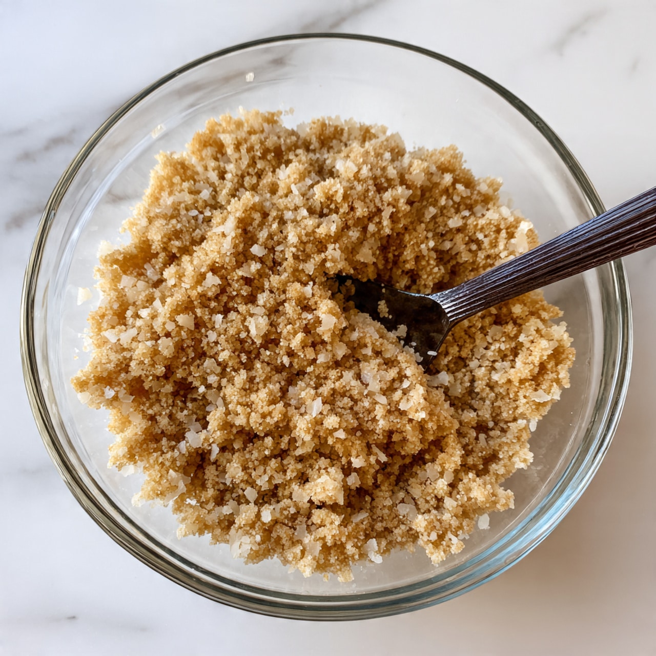 A clear glass bowl filled with one layer of light tan crumbly mixture with uneven small chunks mixed together, resembling coarse sand. A dark spoon is partially stuck in the mixture on the right side of the bowl. The bowl is placed on a white marbled surface. photo taken with an iphone --ar 4:5 --v 7