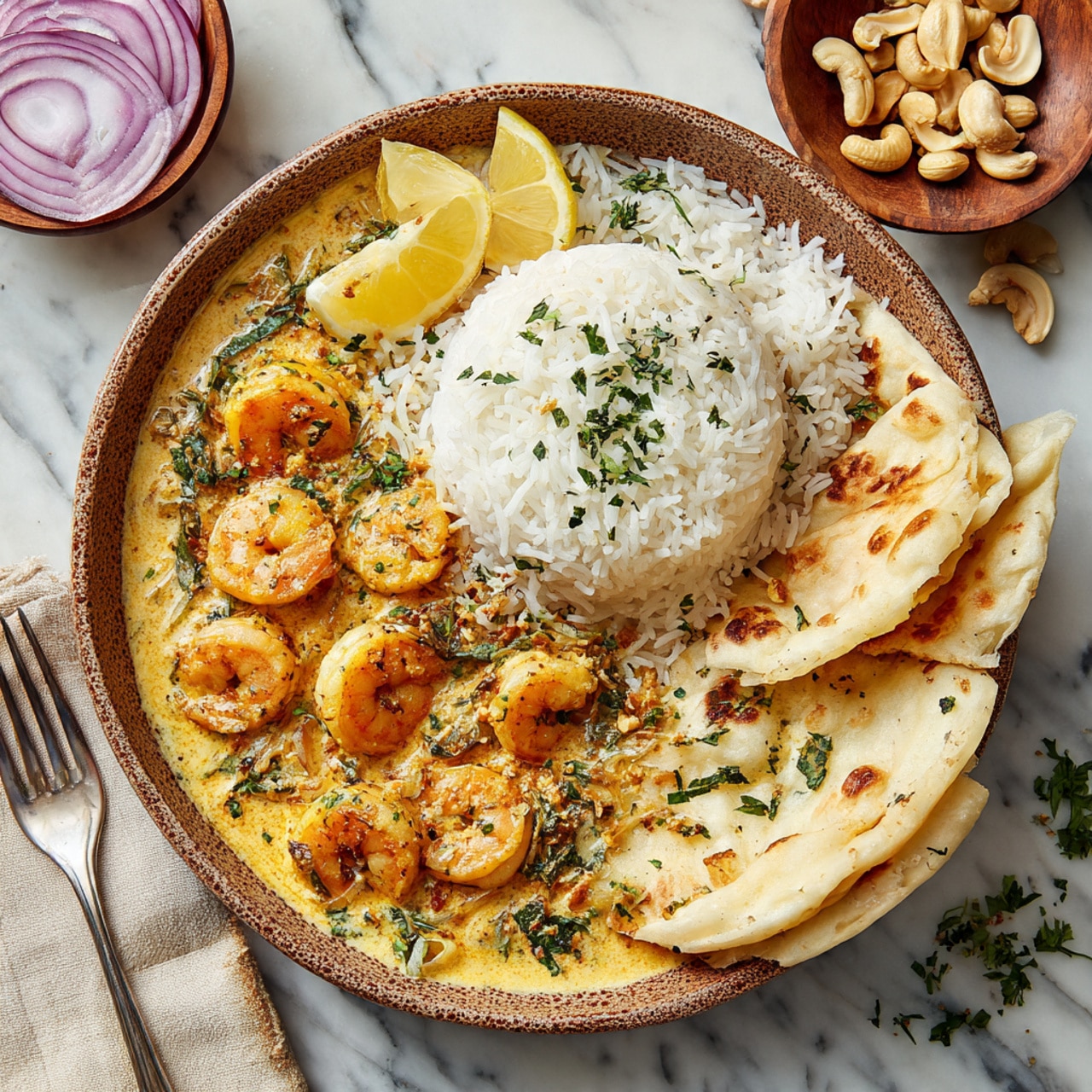 The dish is served in a round bowl with speckled brown texture, placed on a white marbled surface. Inside the bowl, there are three main layers: on the left, a creamy orange shrimp curry with visible shrimp pieces softly covered in sauce, sprinkled with small green herb pieces; in the middle, a mound of white fluffy rice with some chopped green herbs on top; and on the right, folded pieces of light beige naan bread with slight browned spots, partially covering the rice. A lemon wedge rests on top of the rice near the curry, and thin slices of purple onion are placed between the rice and naan. The setting includes a small wooden bowl with red onion slices, white lemon halves, and a fork nearby. Some scattered green herbs and cashews decorate the white marbled surface. photo taken with an iphone --ar 4:5 --v 7