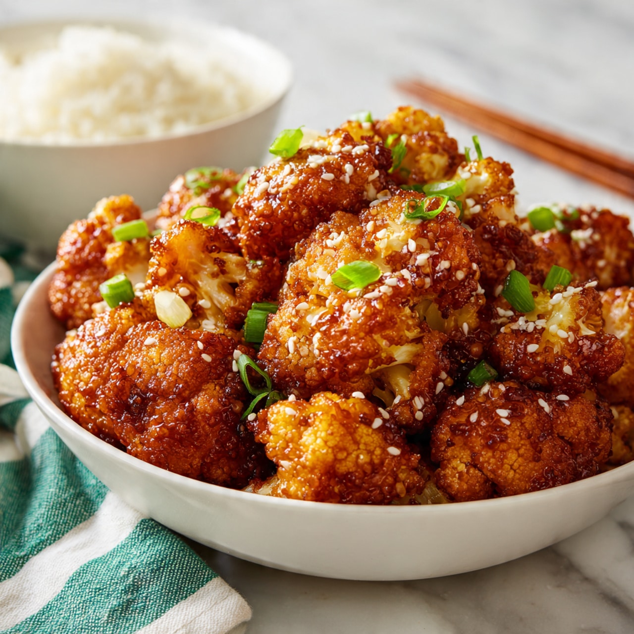 A white bowl holds two main layers: on the left, there is a fluffy layer of white rice sprinkled with small green onion pieces for a fresh touch; on the right, there is a layer of orange-colored cauliflower florets coated in a sticky sauce with sesame seeds and small green onion bits scattered on top, giving a textured look. The bowl sits on a white marbled surface with a yellow and white striped cloth nearby. Photo taken with an iphone --ar 4:5 --v 7