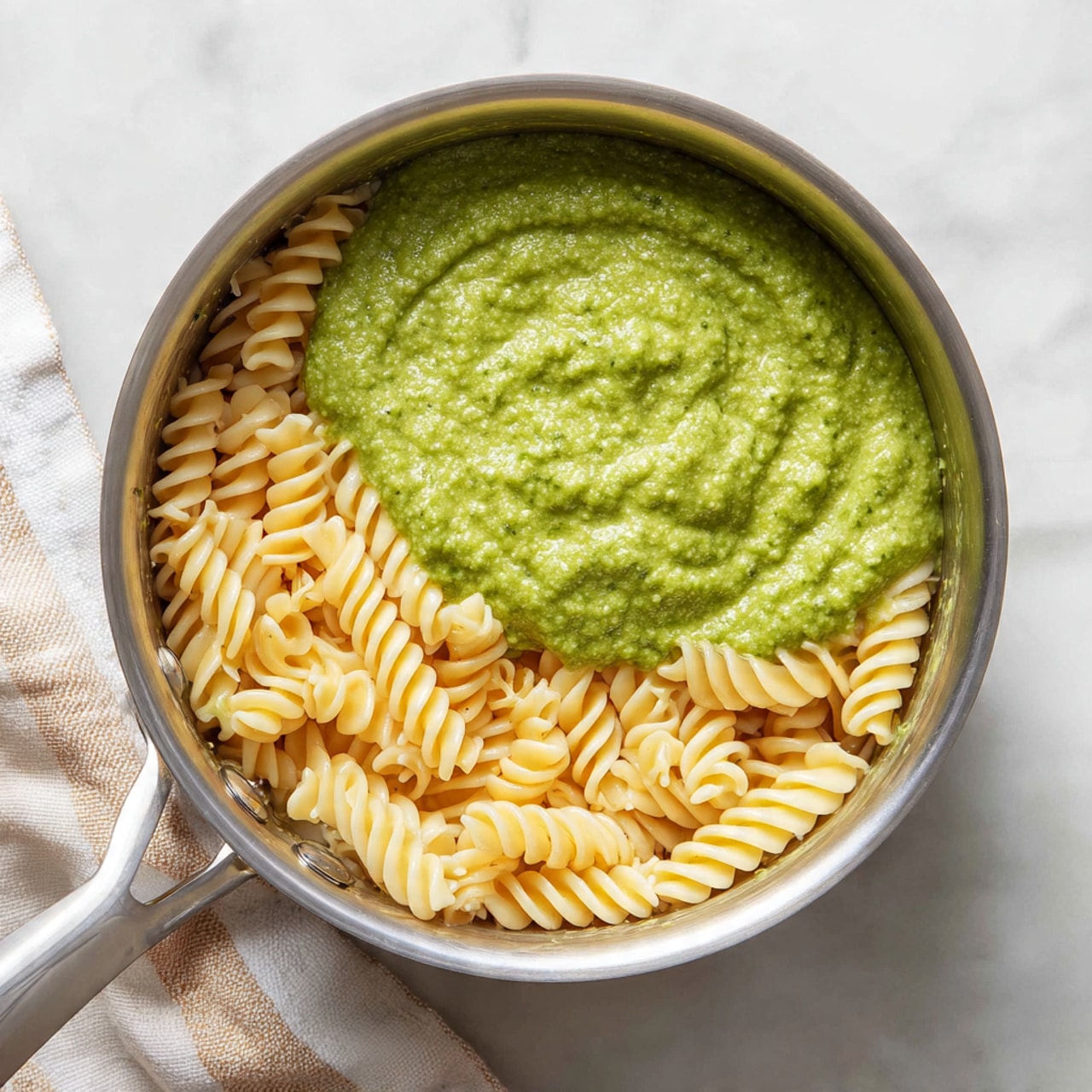 Inside a shiny pan is a base layer of pale yellow, spiral pasta. On top of this, a thick green sauce with a smooth texture is being poured from a blender jar, spreading over the pasta below. The pasta spirals are tightly packed and slightly shiny, while the green sauce looks creamy and fresh. The background is a white marbled surface with a partly visible white and beige striped cloth next to the pan. Photo taken with an iphone --ar 4:5 --v 7