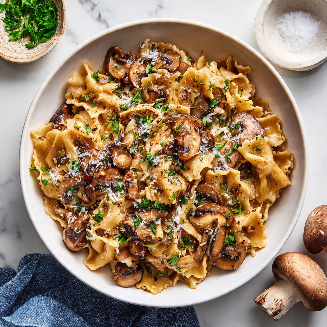 The image shows a close-up of pasta with a creamy brown sauce mixed with sliced mushrooms. The pasta is broad, flat, and twisted in parts, with a smooth texture, and has a warm yellow color. The sauce coats the pasta and mushrooms evenly, giving a shiny and slightly thick look. Small pieces of finely chopped green herbs are sprinkled on top, adding a fresh touch of color. The dish is served on a white plate, placed on a white marbled surface. photo taken with an iphone --ar 4:5 --v 7