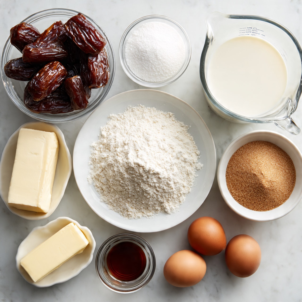 The image shows various ingredients laid out on a white marbled surface for a recipe. There is one clear glass bowl filled with dark brown Medjool dates, placed at the top center. To the right of it is a clear glass measuring cup holding white milk. Below the dates is a white plate piled with white all-purpose flour, small piles of white baking powder, white salt, and brown cinnamon arranged on one side. Next to the flour plate, there is a small clear bowl containing white baking soda. On the left side, there is a stick of light yellow butter partially wrapped in paper. Below that, a white bowl holds light brown sugar with a coarse texture. To the right of the sugar is a small white bowl with two brown eggs. In front of them is a small clear bowl of dark vanilla extract. The light is bright and natural, and the view is from above. Photo taken with an iphone --ar 4:5 --v 7