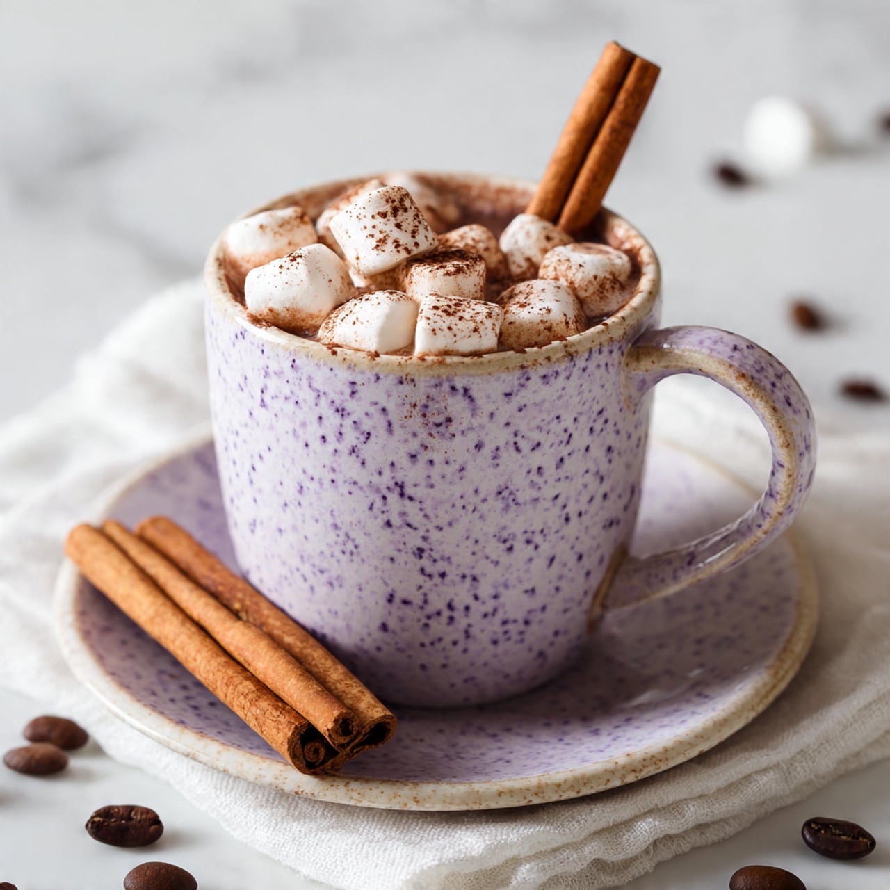A close-up image of a lavender speckled mug on a matching saucer, filled with hot chocolate topped with several small, white marshmallows lightly dusted with cocoa powder. A cinnamon stick is placed inside the mug, leaning against the rim. Two additional cinnamon sticks rest on the saucer. The setup is on a soft white cloth over a white marbled surface, with a few brown coffee beans casually placed nearby. Photo taken with an iphone --ar 4:5 --v 7