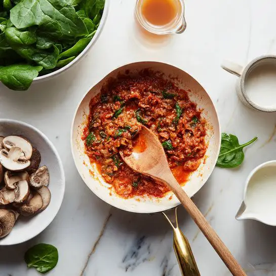 In the center, there is a white frying pan with a golden handle, inside which are small chunks of red cooked sauce mixed with pieces of browned onions spread unevenly. A wooden spoon coated with the same sauce rests inside the pan at a slight diagonal angle. Around the pan, on a white marbled surface, are a white bowl filled with fresh green spinach leaves at the top left, a white bowl with browned, round mushroom slices at the bottom left, a clear glass cup with light brown liquid at the top right, and a white measuring cup with white cream or milk at the bottom right. A few spinach leaves are scattered on the white marbled surface near the pan. photo taken with an iphone --ar 4:5 --v 7