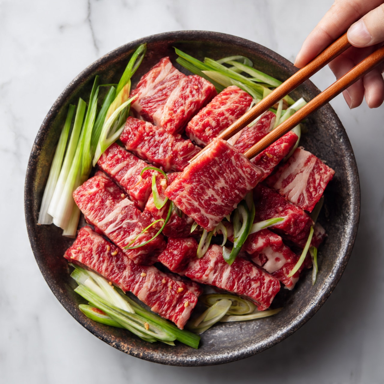 In the image, thin red slices of marbled raw beef with white fat are placed evenly in a dark, worn metal pan. Around the beef are pieces of light green and white sliced green onions with a slight char. A woman's hand holds light brown wooden chopsticks, lifting one piece of beef, showing its soft texture. The background has a white marbled texture. photo taken with an iphone --ar 4:5 --v 7