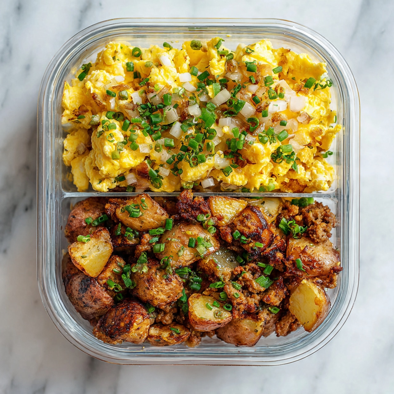 The image shows a clear divided container with two sections: the top half has a layer of scrambled eggs topped with melted shredded yellow and white cheese and small bits of chopped green herbs scattered on top, while the bottom half contains browned, crispy potatoes and sausage pieces mixed with cooked onions, all sprinkled with more chopped green herbs. The container is placed on a white marbled surface. The photo taken with an iphone --ar 4:5 --v 7