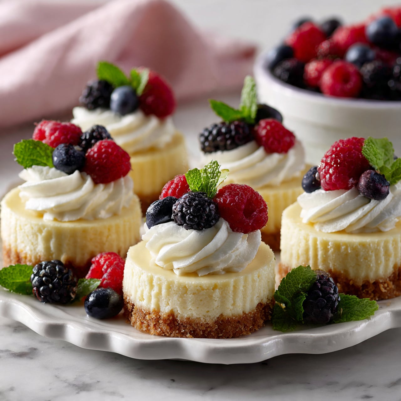 The image shows seven small cheesecakes on a white plate with brown speckled edges, placed on a white marbled surface. Each cheesecake has three visible layers: a light yellow base, a creamy white whipped topping, and fresh berries on top. The berries are a mix of dark purple blackberries, deep blue blueberries, bright red strawberries, and a single red raspberry on one cheesecake. Small green mint leaves are added on top of each berry cluster. One cheesecake has its white paper liner partially peeled away, showing crumb bits scattered on the plate. A peach-colored cloth is partly visible in the top right corner. photo taken with an iphone --ar 4:5 --v 7