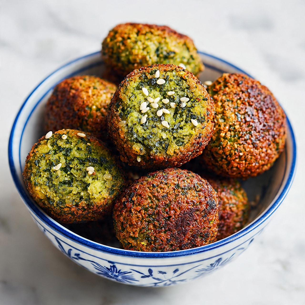 Inside a black air fryer basket with square holes, there are eleven small, round falafel patties. Each patty has a golden brown and slightly rough texture with visible bits of white sesame seeds and green herbs spread evenly throughout. The patties have a crispy outer layer with some darker spots, indicating they are well cooked. The background is a white marbled texture. photo taken with an iphone --ar 4:5 --v 7