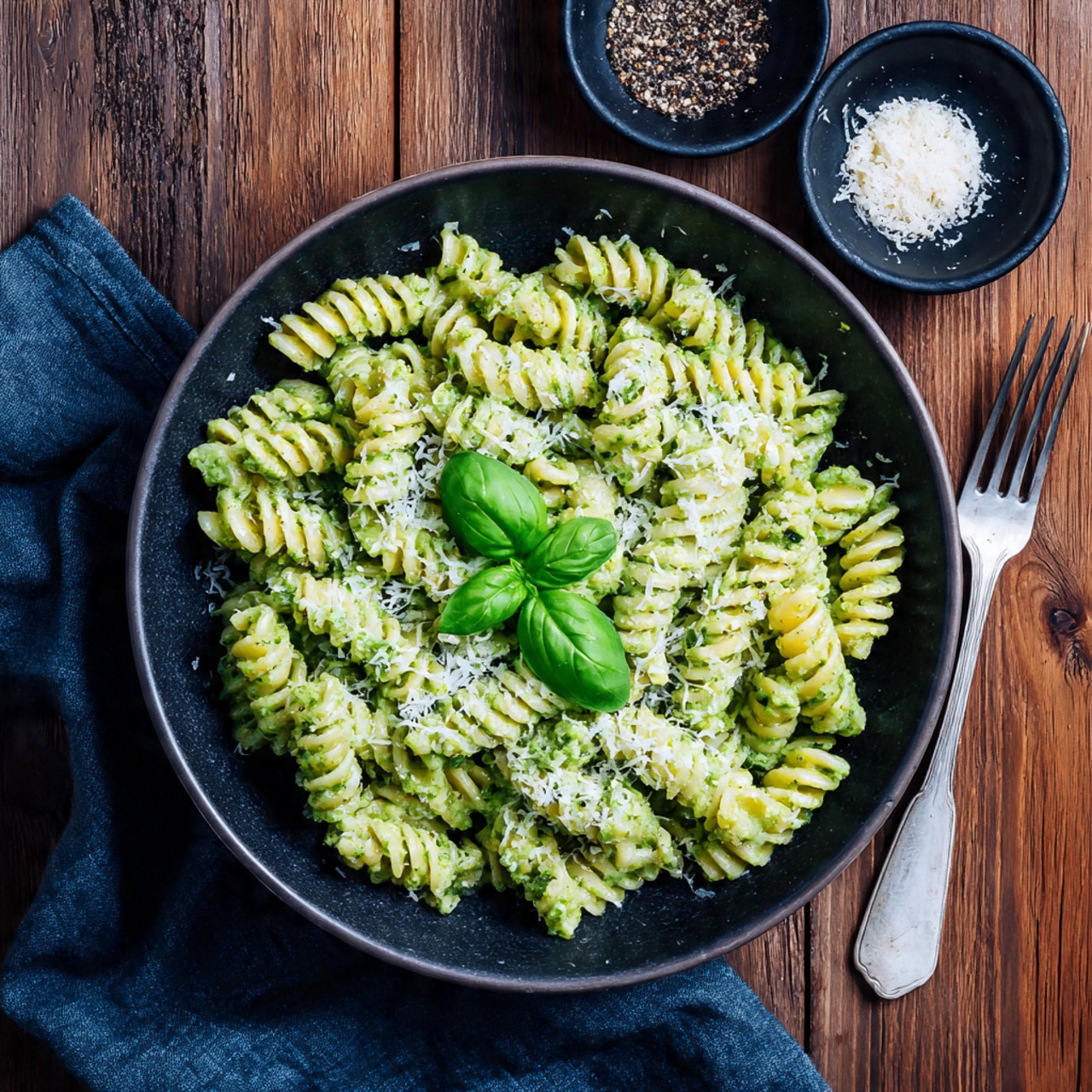 A close-up of a silver pan filled with rotini pasta covered in thick green sauce with a smooth texture. The pasta spirals are coated fully and scattered evenly in the sauce. On top, finely grated light yellow cheese is sprinkled, adding a light contrast. Small green herbs are also visible amidst the pasta. The pan sits on a white marbled surface with part of a stove visible in the background. photo taken with an iphone --ar 4:5 --v 7