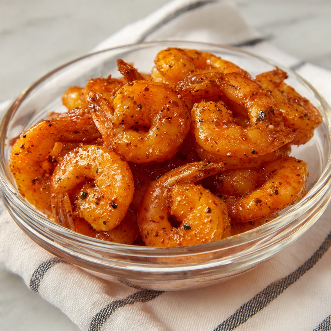 A clear glass bowl holds one layer of raw shrimp coated in an orange spice mix with visible specks of seasoning, giving the shrimp a shiny and slightly wet texture. The shrimp are curled and placed closely together, showing some variation in size. The bowl sits on a white marbled surface with a white cloth nearby that has thin black stripes. The lighting is bright and natural, highlighting the glossy appearance of the shrimp. photo taken with an iphone --ar 4:5 --v 7