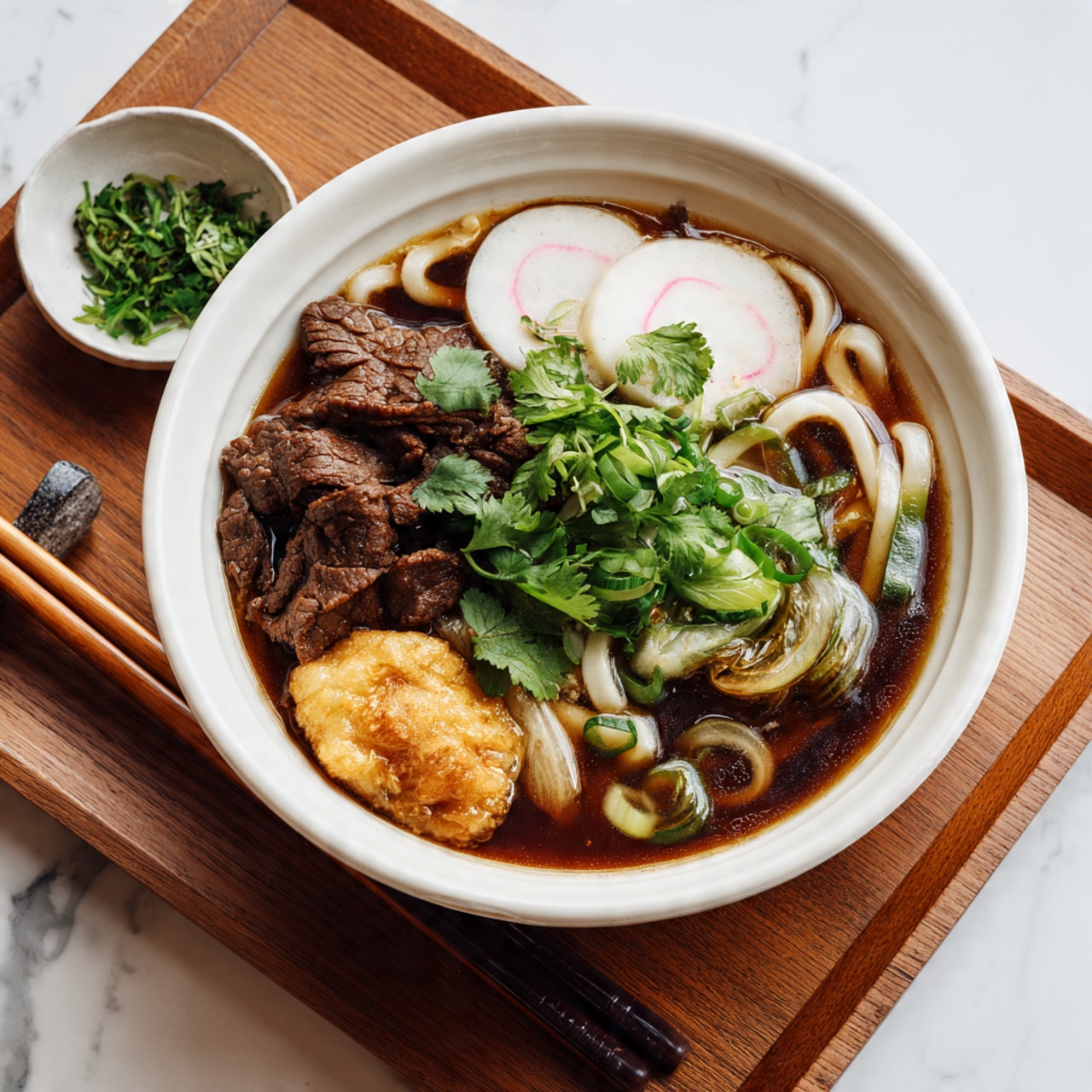 A white bowl filled with thick white udon noodles resting at the bottom, covered by a dark brown broth. On top, there is a layer of thin slices of cooked beef with a slightly glossy texture, mixed with some light green cooked onions. To one side, two white fish cake slices with pink swirled centers lie partially submerged in the broth. The dish is garnished with fresh green chopped scallions and bright green cilantro leaves placed in the center. The bowl sits on a wooden tray with light-colored chopsticks resting nearby, and a small white bowl with green herbs is in the background on a white marbled surface. Photo taken with an iphone --ar 4:5 --v 7