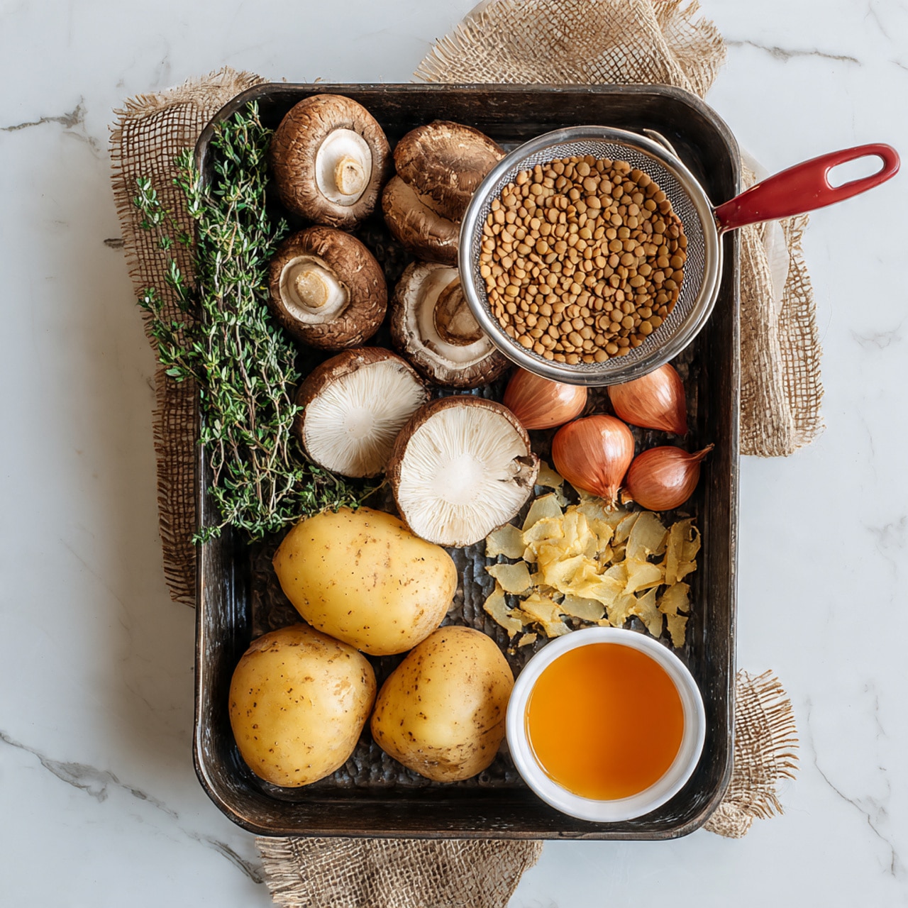 A long dark metal tray sits on a white marbled surface with a piece of light brown textured burlap cloth beneath it, showing various ingredients arranged inside. At the top right corner inside the tray, there is a small metal strainer with a red handle filled with light brown lentils. Nearby, green sprigs of thyme rest on the left side. Below the lentils, there are several brown mushrooms, some whole and some sliced to show the white inside. Slightly down, two yellow potatoes with patches of skin and shaved areas are placed along with two small reddish shallots. At the bottom right, a small white cup holds orange liquid, likely broth or sauce. Thin strips of potato peel lie scattered among these ingredients. The photo taken with an iphone --ar 4:5 --v 7