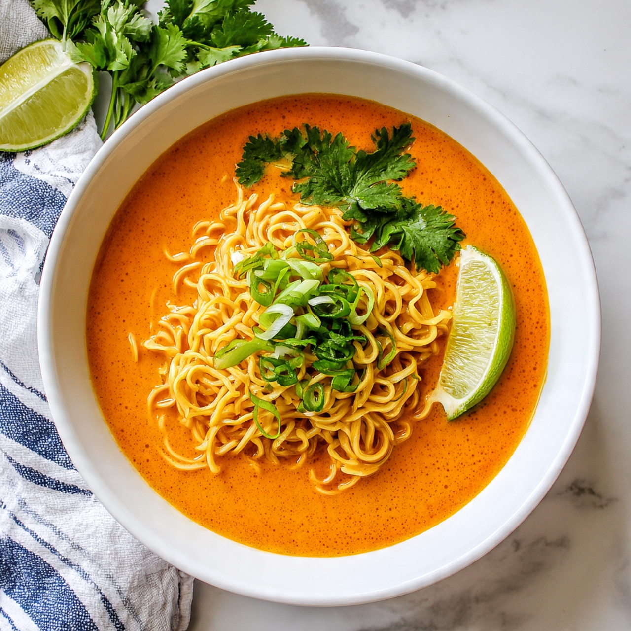 A white bowl filled with bright orange-red broth layered with soft, curly light yellow noodles on top. Inside the soup, there are small pieces of green herbs, green onions, and red chili slices, along with a lime wedge resting near the edge. A silver fork held by a woman's hand lifts a tangle of noodles from the bowl. The bowl sits on a white marbled surface with a white and blue striped cloth blurred in the background. Photo taken with an iphone --ar 4:5 --v 7