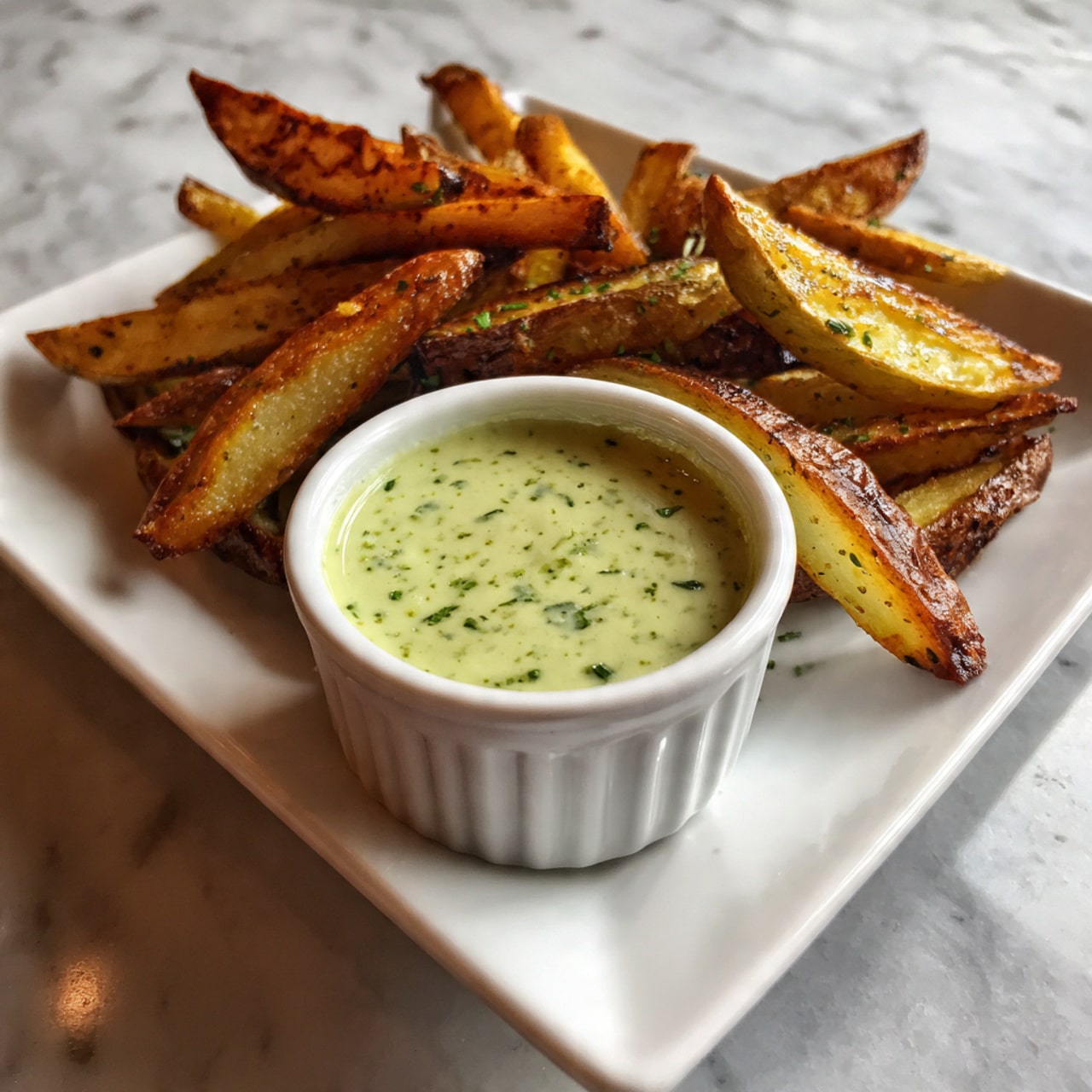 A close-up top view of a small metal cup filled with smooth, creamy light green sauce mixed with small darker green herbs, placed on a white marbled surface with crispy golden-brown fries seasoned with herbs on the right side of the cup, all on a white plate. photo taken with an iphone --ar 4:5 --v 7