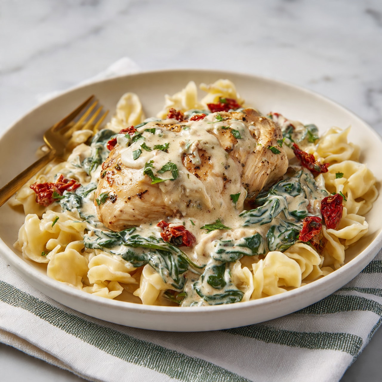 The dish shows one main piece of cooked light brown chicken placed on top of a bed of creamy pasta mixed with green leafy spinach and small pieces of red sun-dried tomatoes. The pasta is pale yellow and coated with a white creamy sauce, with bits of green herbs sprinkled on top. The food is served on a round white plate that rests on a white and green striped cloth, all placed on a white marbled surface. A gold-colored fork is positioned behind the chicken. Photo taken with an iphone --ar 4:5 --v 7