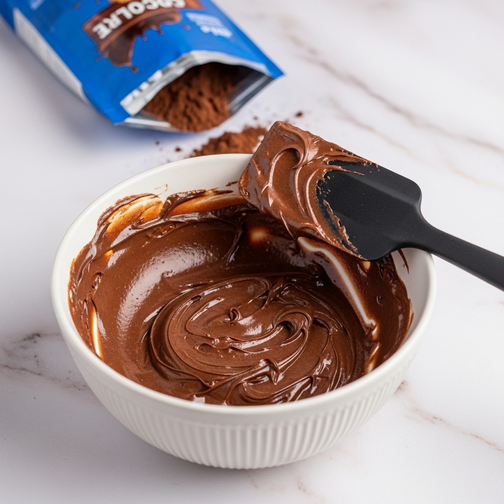A white bowl with fine vertical stripes holds a thick, dark brown chocolate mixture spread unevenly inside. A black spatula covered in the same mixture rests in the bowl on the right side. Behind the bowl, there is a blue package with chocolate powder showing some loose powder near its opening. The scene is set on a white marbled surface with a light, soft pink tint. photo taken with an iphone --ar 4:5 --v 7