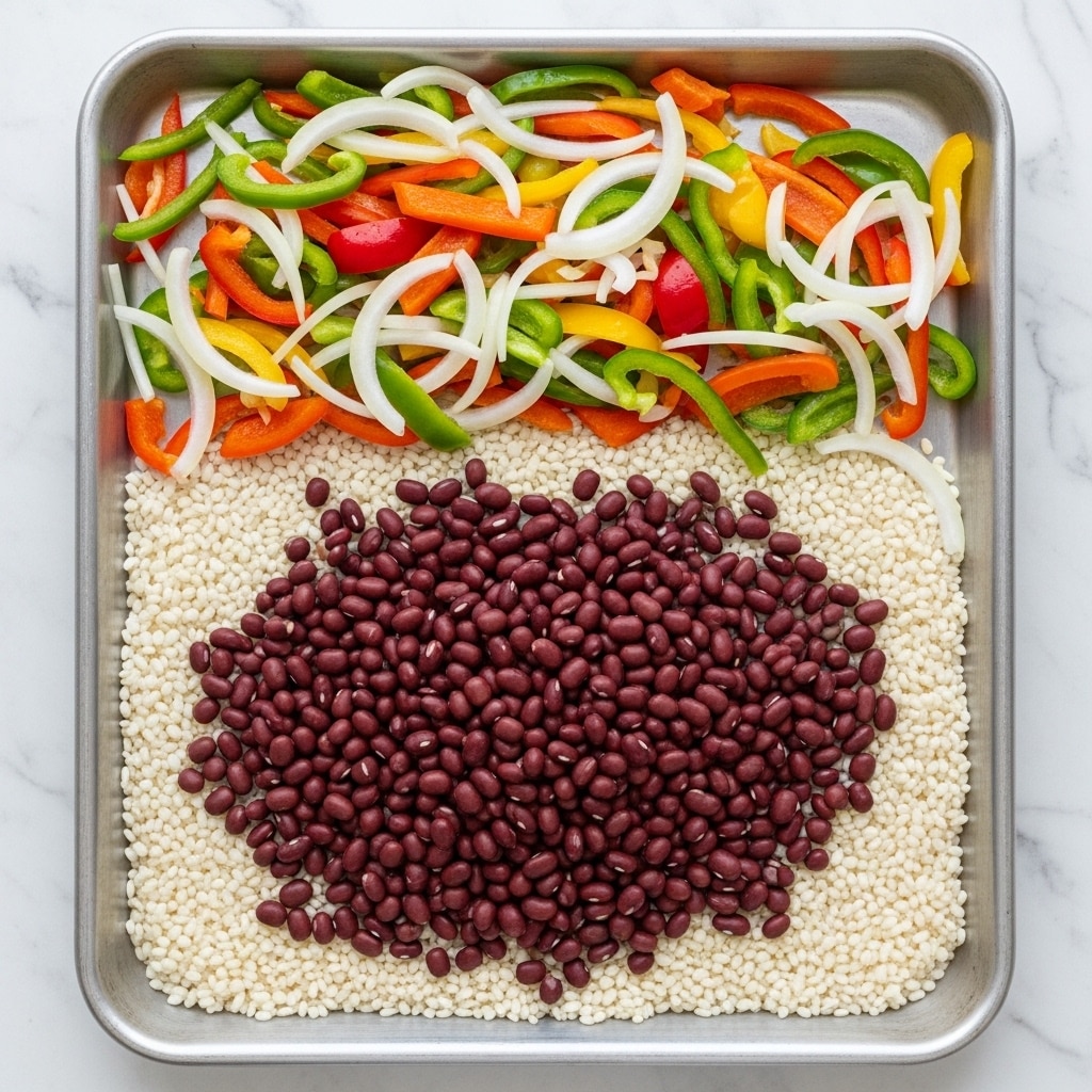 A white plate holds one square piece of layered casserole with three visible layers: the bottom layer has black beans and red bell peppers, the middle layer is a mix of grains or rice, and the top layer is melted cheese with a mix of white and orange colors, sprinkled with chopped green cilantro. Surrounding the plate, scattered cilantro leaves add color contrast on a white marbled surface. To the top left, there is a small white square bowl filled with red salsa, and to the top right, some yellow tortilla chips are placed. In the bottom left, two halves of an avocado show green flesh and a brown seed. Photo taken with an iphone --ar 4:5 --v 7