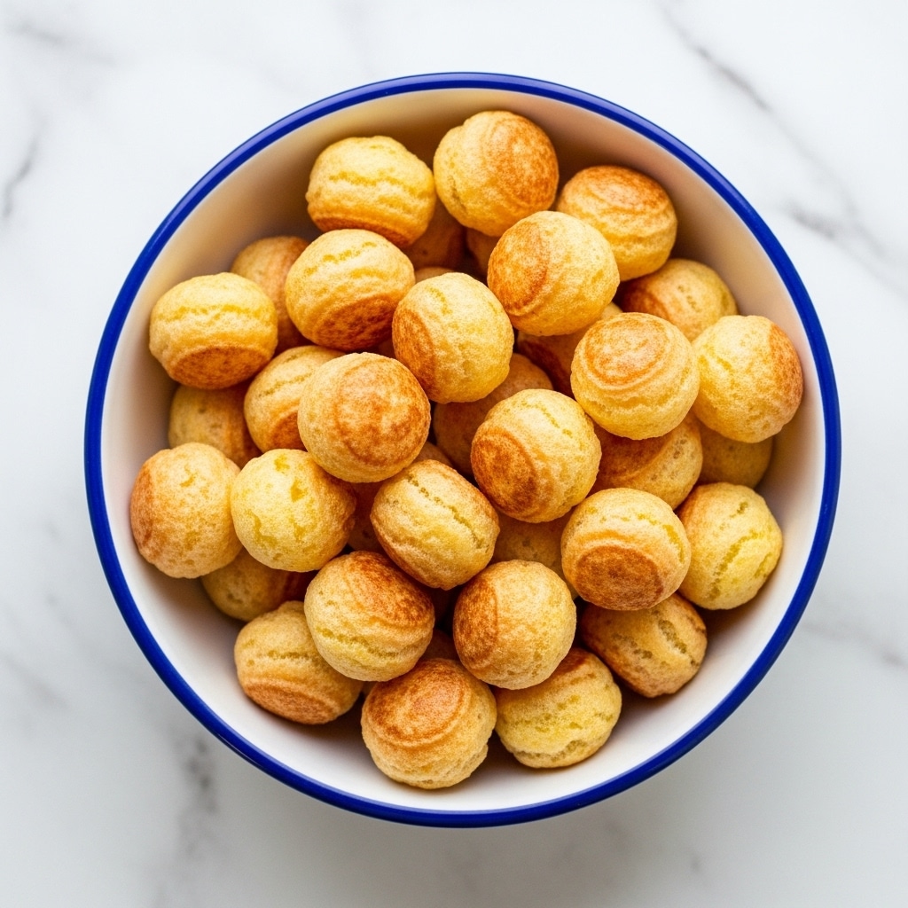 A white bowl with a dark blue rim is filled with small, golden-brown puffed pieces. The puffs have a light, airy texture with some parts darker and crispier than others, showing a mix of soft yellow and toasted brown colors. The bowl sits on a white marbled surface with faint gray veining, adding subtle texture around the bowl. photo taken with an iphone --ar 4:5 --v 7
