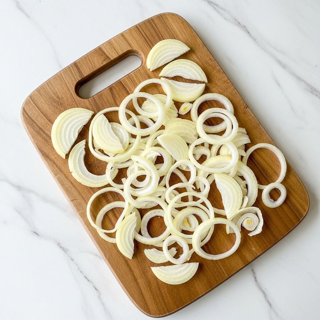 A wooden cutting board lays flat on a white marbled surface, covered with thin, pale yellow slices of onion spread unevenly across the board. The cutting board has a handle on the upper left side with a cutout for easy gripping. The onion slices vary in size and shape, some forming rings and others in semi-circular pieces, showing smooth, slightly shiny texture and translucent layers photo taken with an iphone --ar 4:5 --v 7