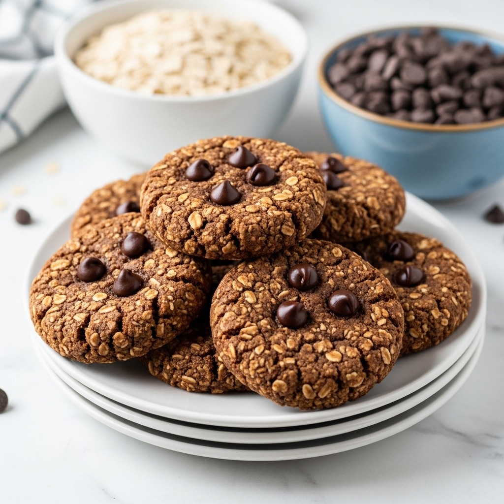 On a stack of two smooth, white plates, there are several thick, round dark brown cookies with a rough texture from oats mixed inside. Each cookie has a few scattered dark chocolate chips on top that add small glossy spots. The plates sit on a white marbled surface, and behind them are two bowls, one white filled with light beige oats, and one blue filled with dark chocolate chips. The scene is softly lit to show the details of the cookies and the surrounding bowls. Photo taken with an iphone --ar 4:5 --v 7