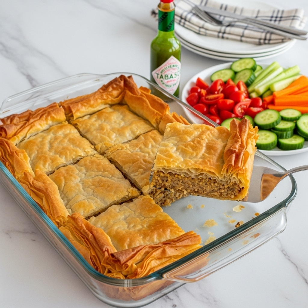 The image shows a glass baking dish filled with a golden brown, crispy filo pastry pie cut into square pieces. One piece is being lifted with a spatula, revealing layers of thin, flaky pastry on top and bottom, with a dense, crumbly, light brown filling in the middle. The dish rests on a white marbled surface. Nearby, there is a small white plate holding chopped fresh vegetables, including red tomatoes, green cucumbers, and orange carrots. Next to the dish, there is a bottle of green hot sauce with a red cap and a white plate with silver cutlery and a folded cloth napkin. photo taken with an iphone --ar 4:5 --v 7