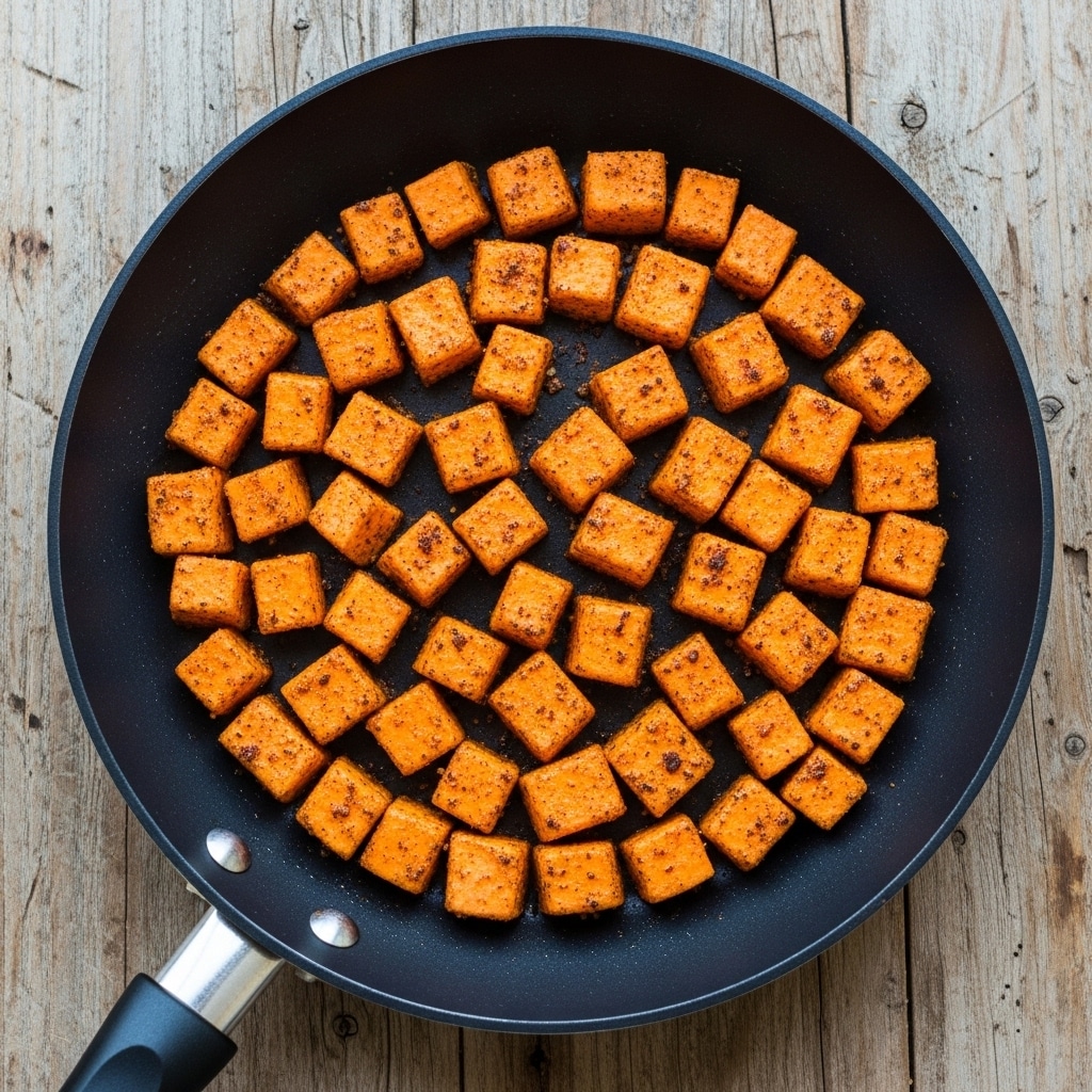 A black frying pan filled with many small cubes of orange sweet potatoes, each piece coated with a dark brown spice mix, spread evenly across the pan's bottom. The pan handle is seen on the lower left side. The pan sits on a wooden textured surface. photo taken with an iphone --ar 4:5 --v 7
