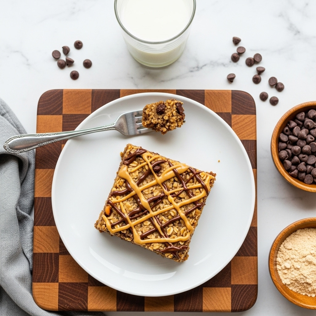 A square piece of oatmeal bar sits on a white round plate, showing a dense and crumbly texture with visible oats and chocolate chips inside. The top is lightly golden with swirls of melted peanut butter and chocolate drizzled across. A silver fork holds a small bite-sized portion of the bar above the plate. The plate rests on a wooden checkered board over a white marbled surface. Around the plate are scattered chocolate chips, a wooden bowl of chocolate chips to the right, and a wooden bowl with a light brown powder at the bottom right. A clear glass filled with milk is placed above the plate on the white marbled surface, and a piece of gray cloth is partially seen on the left side photo taken with an iphone --ar 4:5 --v 7