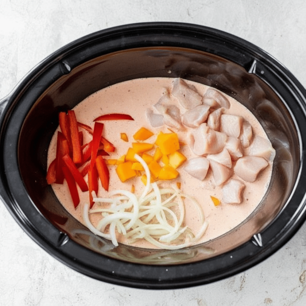 Inside a black slow cooker, there are four clear layers next to each other. On the right side, there are small white pieces of raw chicken, surrounded by light pink creamy liquid. Next to the chicken, there are bright orange chunks of bell pepper. To the left of the peppers, there are thin white strips of onion. On the far left, there are long red strips of bell pepper. The inside of the cooker sits on a white marbled surface. photo taken with an iphone --ar 4:5 --v 7