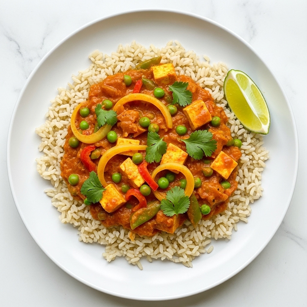 A white plate sits on a white marbled surface, filled with three main layers: a base of fluffy light brown rice, topped with a creamy orange curry sauce containing chunks of yellow and red vegetables and small green peas, and garnished with fresh chopped green herbs scattered over the curry. A bright green lime wedge rests on the right side of the curry. In the background, a white bowl with more chopped green herbs and a second white plate with the same dish are partially visible. photo taken with an iphone --ar 4:5 --v 7