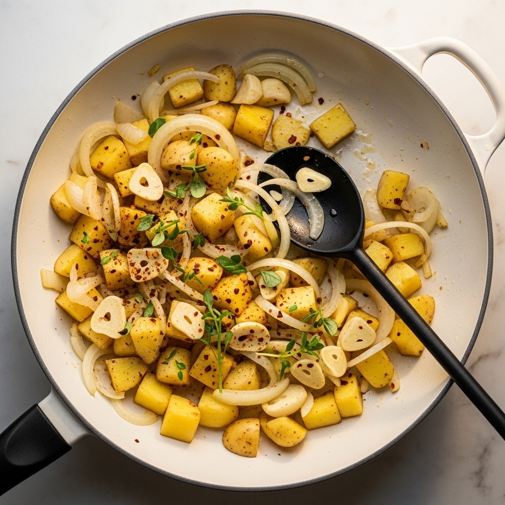 The image shows a white pan with a mixture of sliced onions, small cubes of yellow potatoes, and thin slices of garlic. There are also small sprigs of green herbs and some red spice flakes scattered on top. A black wooden spoon rests inside the pan, partly covered by the ingredients. The pan sits on a white marbled surface, with a warm light highlighting the textures of the onions and potatoes. photo taken with an iphone --ar 4:5 --v 7