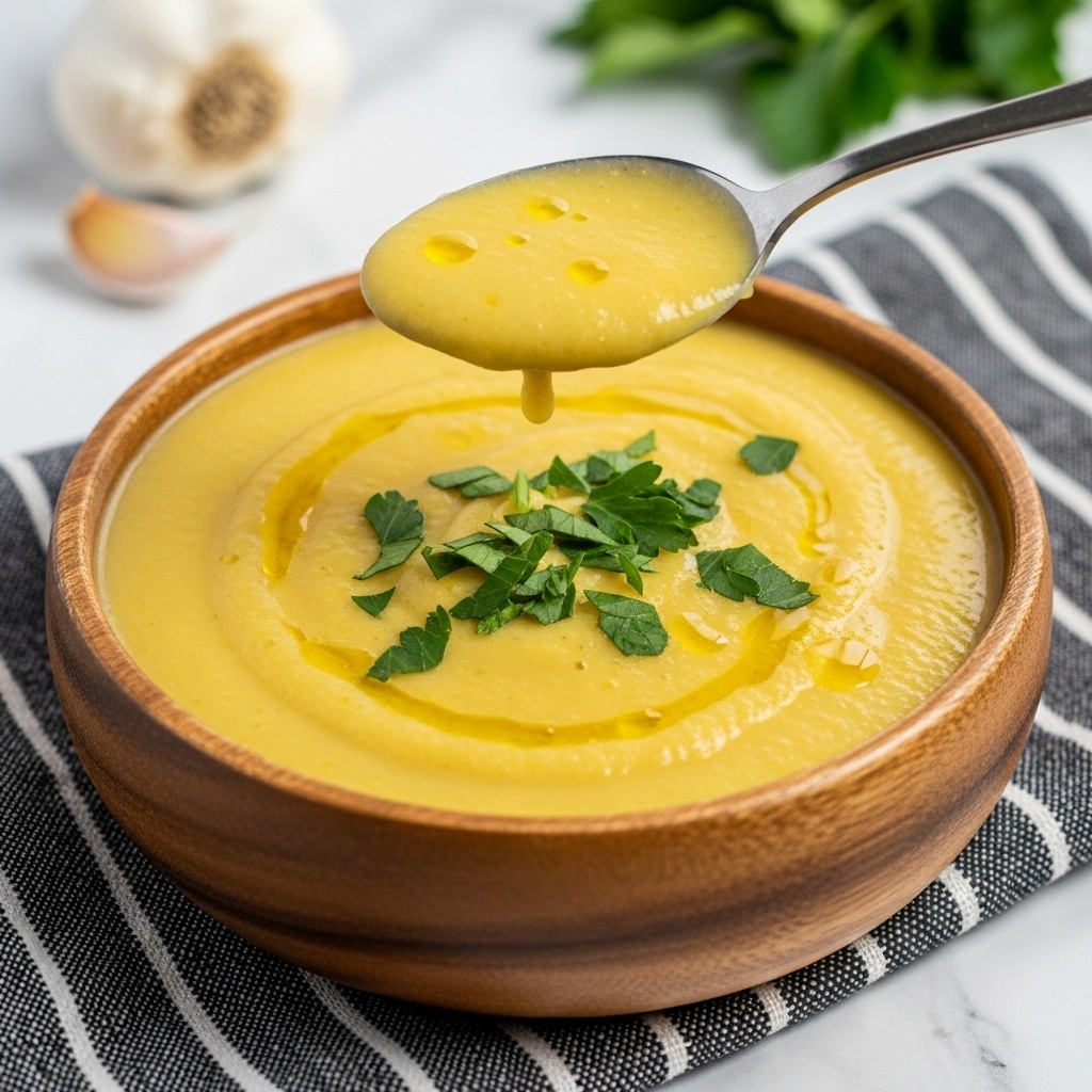 A wooden bowl filled with thick, smooth yellow soup with visible small oil drops on the surface, topped with chopped fresh green herbs scattered unevenly. A silver spoon lifted above the bowl holds some of the creamy soup, showing a rich texture. The bowl rests on a black and white striped cloth on a white marbled surface. In the blurred background, there is a garlic bulb and some green leaves. Photo taken with an iphone --ar 4:5 --v 7