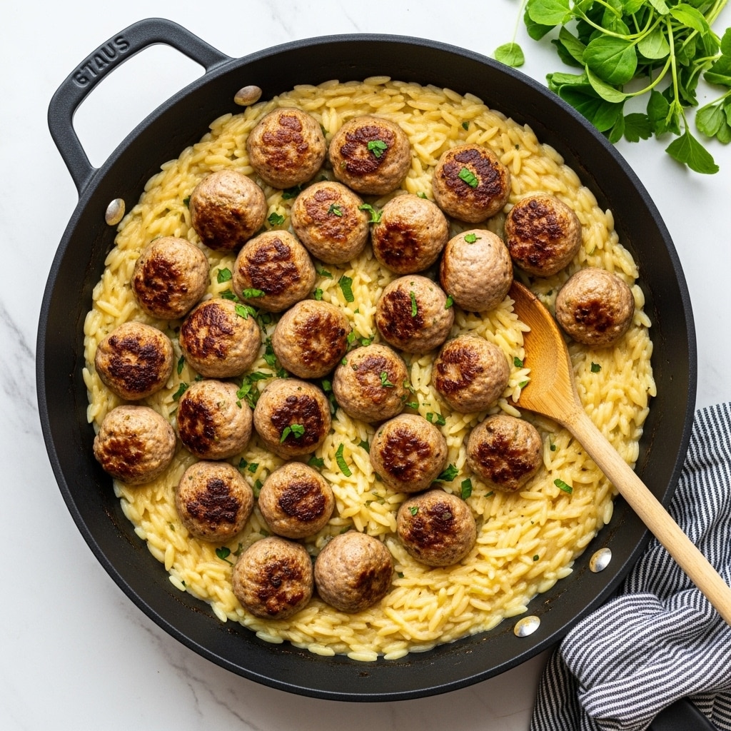 A white plate with a thin gold rim holds a dish of cooked orzo pasta that is creamy and pale yellow. On top of the pasta, there are seven golden-brown meatballs with a slightly crispy texture and sprinkled with small bits of green herbs. The meatballs are arranged mostly in the center and slightly spread out. A silver fork with an ornate handle rests on the right side of the plate, partially embedded in the pasta. The plate sits on a white marbled surface with some fresh green parsley placed in the top right corner and a blue and white striped cloth napkin next to the bottom left of the plate. Photo taken with an iphone --ar 4:5 --v 7