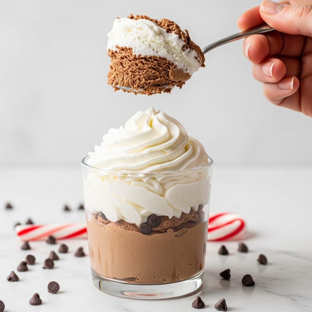 A close-up image of a dessert in a clear glass cup on a white marbled surface, showing three visible layers: the bottom thick layer is light brown chocolate mousse with a smooth and creamy texture, the middle layer is thick white whipped cream with soft, fluffy swirls, and the top layer is another dollop of whipped cream with a slight ripple pattern. There are small dark chocolate chips scattered around the base of the cup and a small piece of a red and white candy cane partially shown in the corner. A spoon holding a large scoop of the mousse and whipped cream is held above the cup by a woman's hand. The photo taken with an iphone --ar 4:5 --v 7