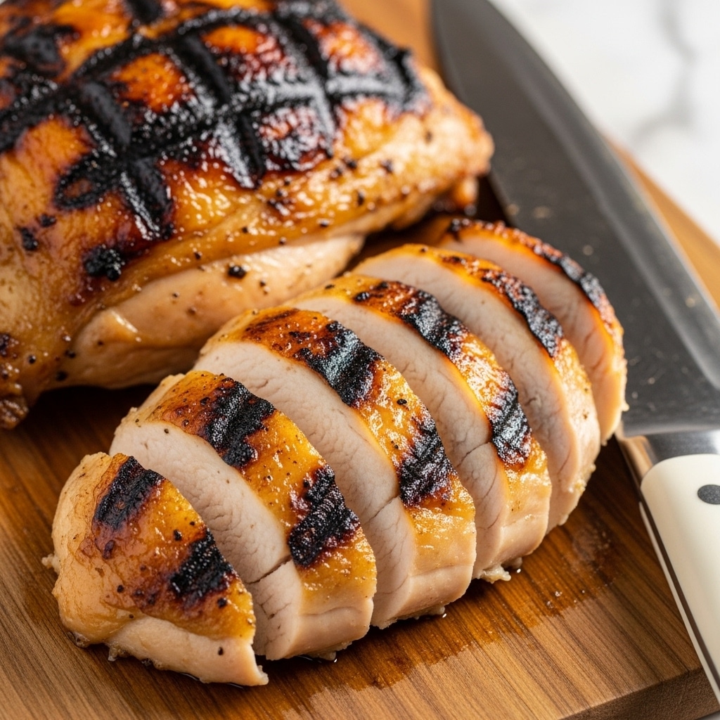 A close-up view of a cooked chicken piece on a wooden board with one large piece and the front piece sliced into five thick layers. The chicken skin is golden brown and crispy with dark grill marks and some blackened spots. The inside meat is light and juicy. Part of a large knife with a white handle is visible on the right side. The surface under the board is a white marble texture. Photo taken with an iphone --ar 4:5 --v 7
