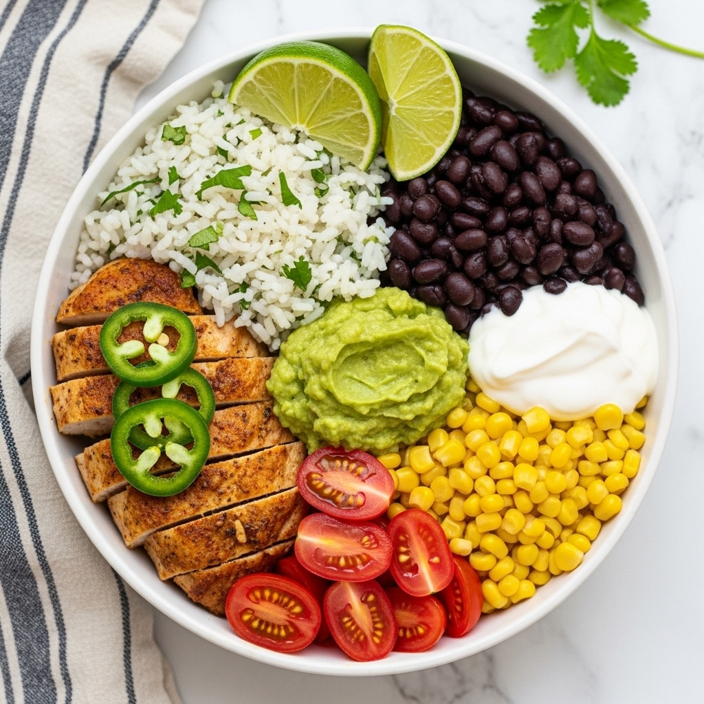 The dish features a white bowl filled with several colorful layers arranged closely. At the top right is a mound of bright yellow corn kernels, next to a scoop of light green guacamole with a chunky texture. Below the guacamole is a pile of shiny black beans topped with a dollop of smooth white sour cream. To the right of the beans are two slices of fresh green jalapeño with visible seeds. Below the beans and jalapeños is a portion of white rice with green herbs mixed in, showing a fluffy texture. Two thin, fresh lime slices with a bright green color rest near the rice at the bottom left of the bowl. The bowl sits on a white marbled surface. photo taken with an iphone --ar 4:5 --v 7